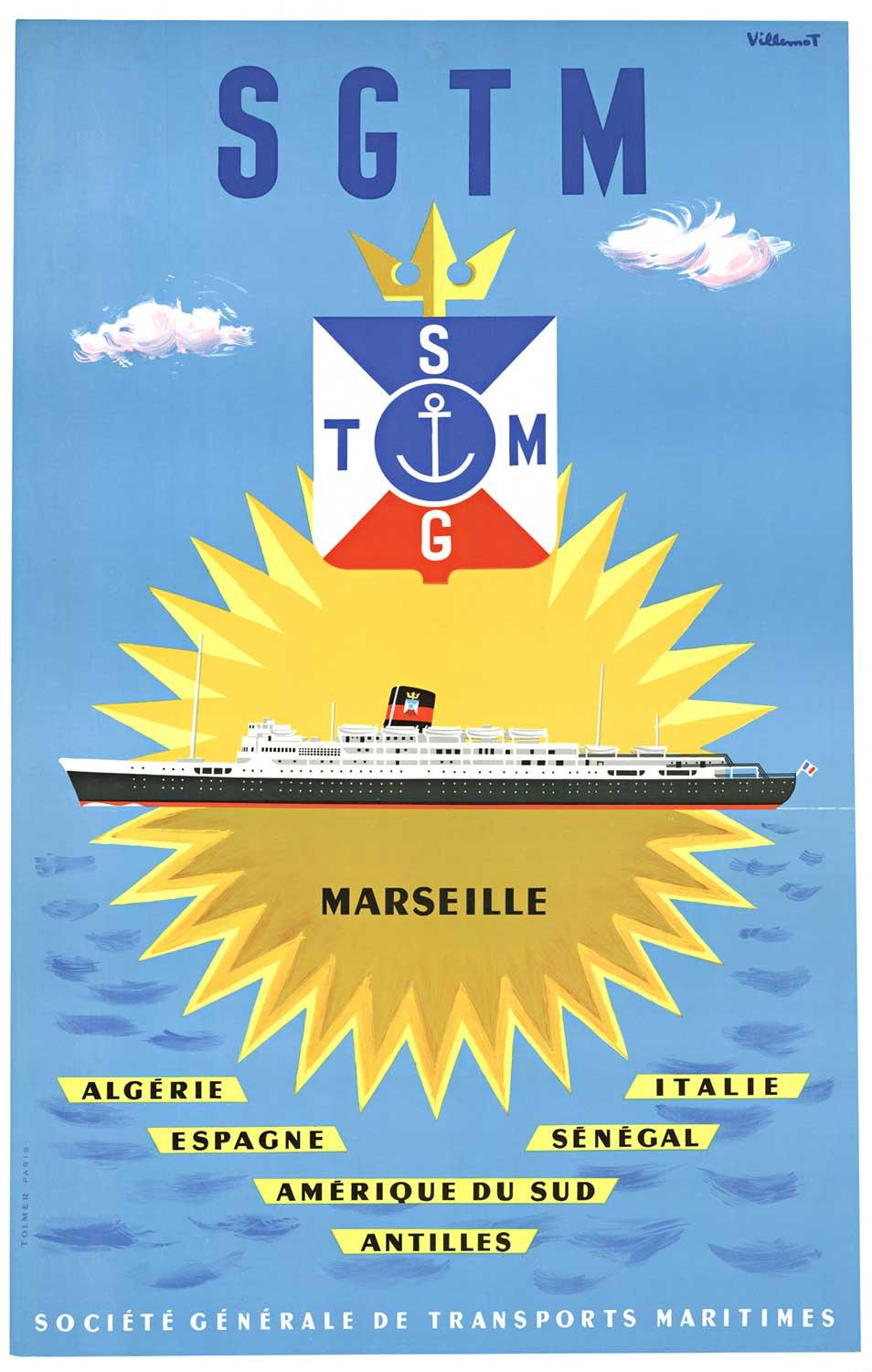 Affiche vintage originale de la ligne de croisière maritimeSGTM