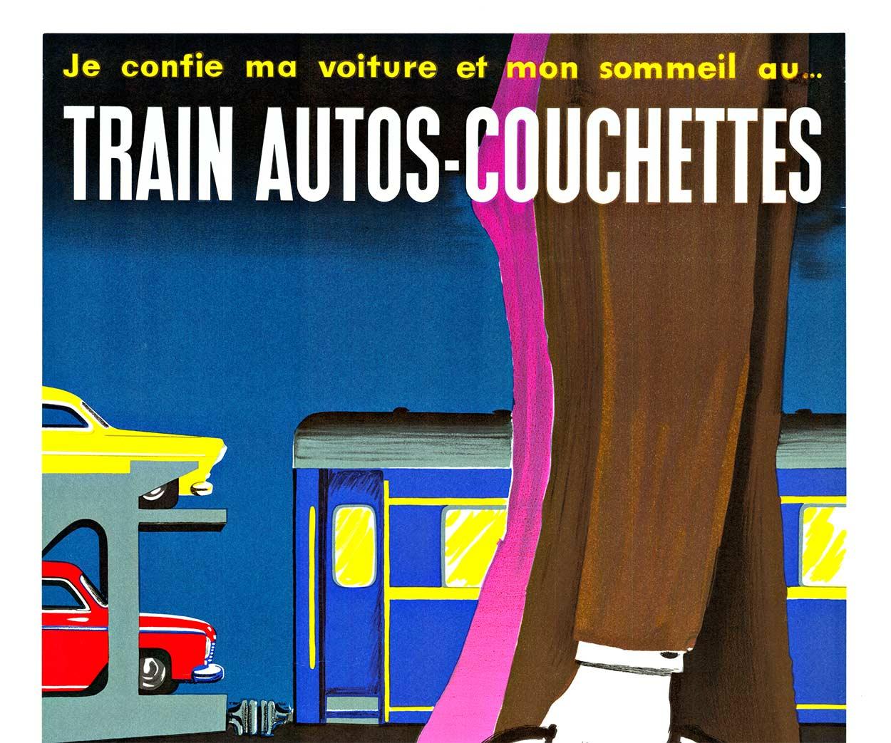 Poster francese d'epoca originale Train Autos-Couchettes  1964  con supporto in lino - Print di Bernard Villemot