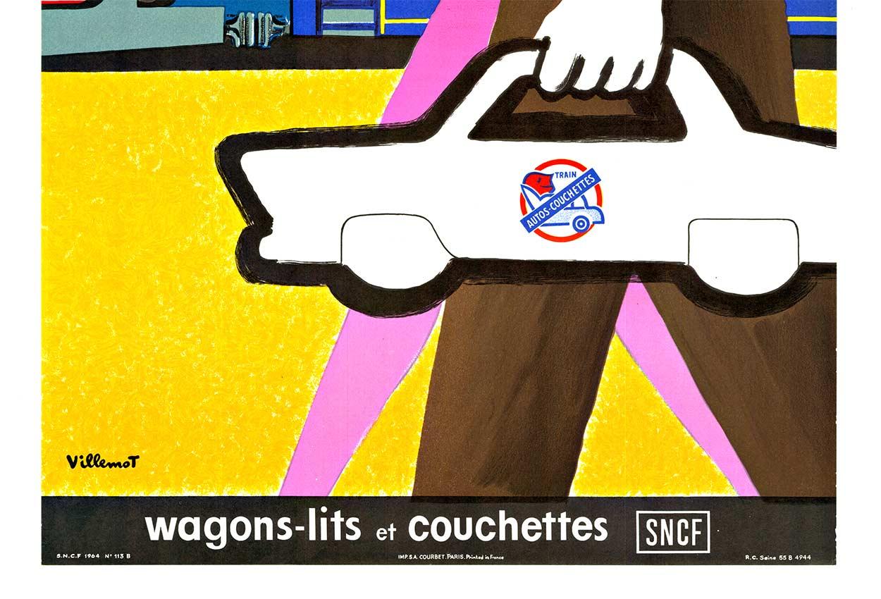 Poster francese d'epoca originale Train Autos-Couchettes  1964  con supporto in lino - Print American Modern di Bernard Villemot