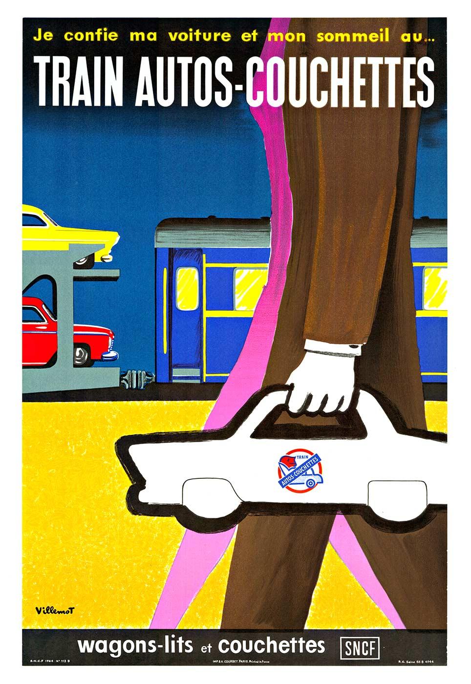 Landscape Print di Bernard Villemot - Poster francese d'epoca originale Train Autos-Couchettes  1964  con supporto in lino