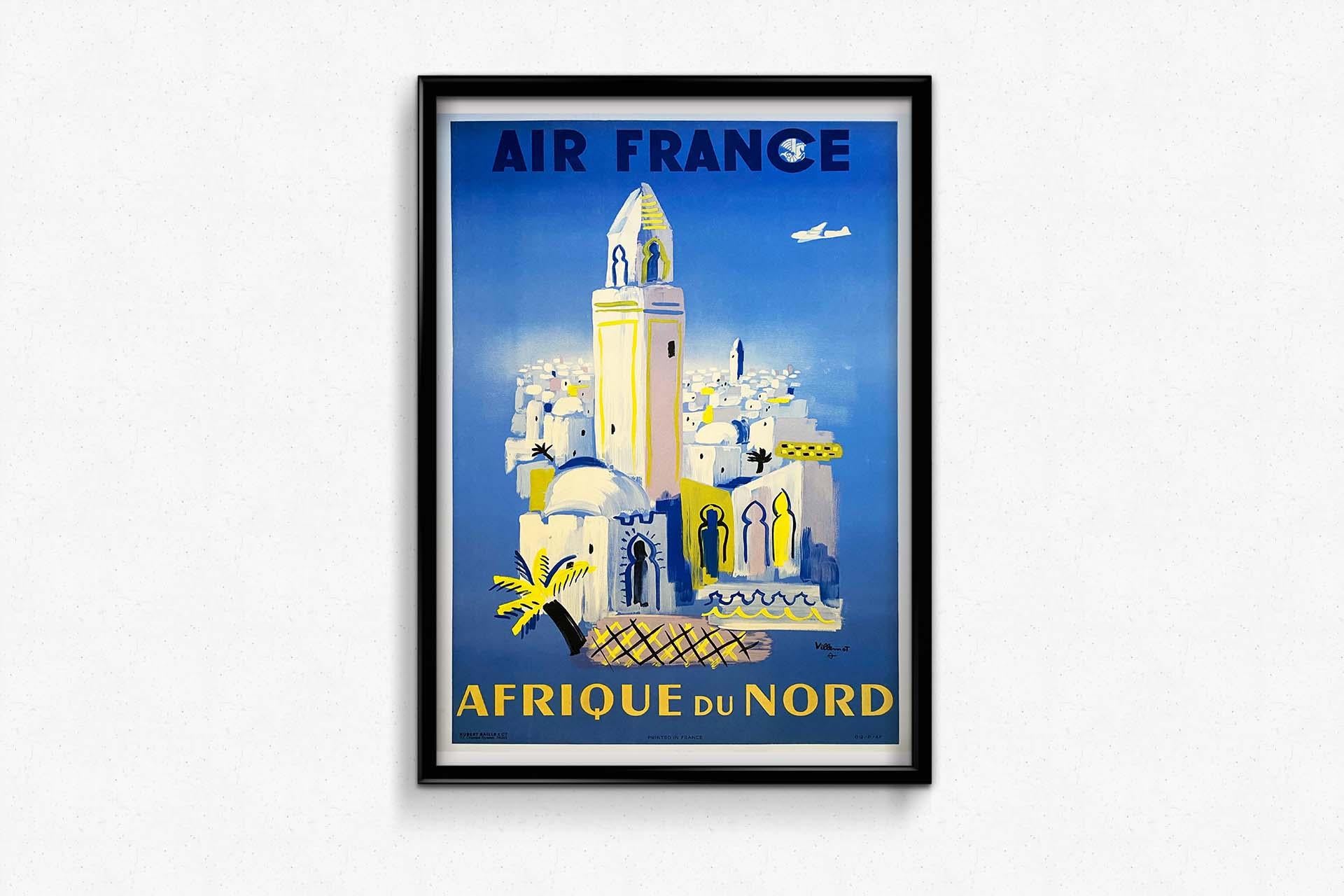 Very beautiful original poster made by Bernard Villemot, in the 50's for the airline Air France to promote its trips to North Africa. As often this work of Villemot is characterized by a pure drawing, which favors an immediate reading. 

Printed by