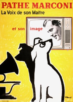 Original Villemot c1970 Cartel Pathe Marconi con perro