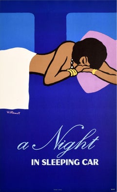 Affiche vintage d'origine des chemins de fer Une nuit dans une voiture endormie SNCF Artiste du train