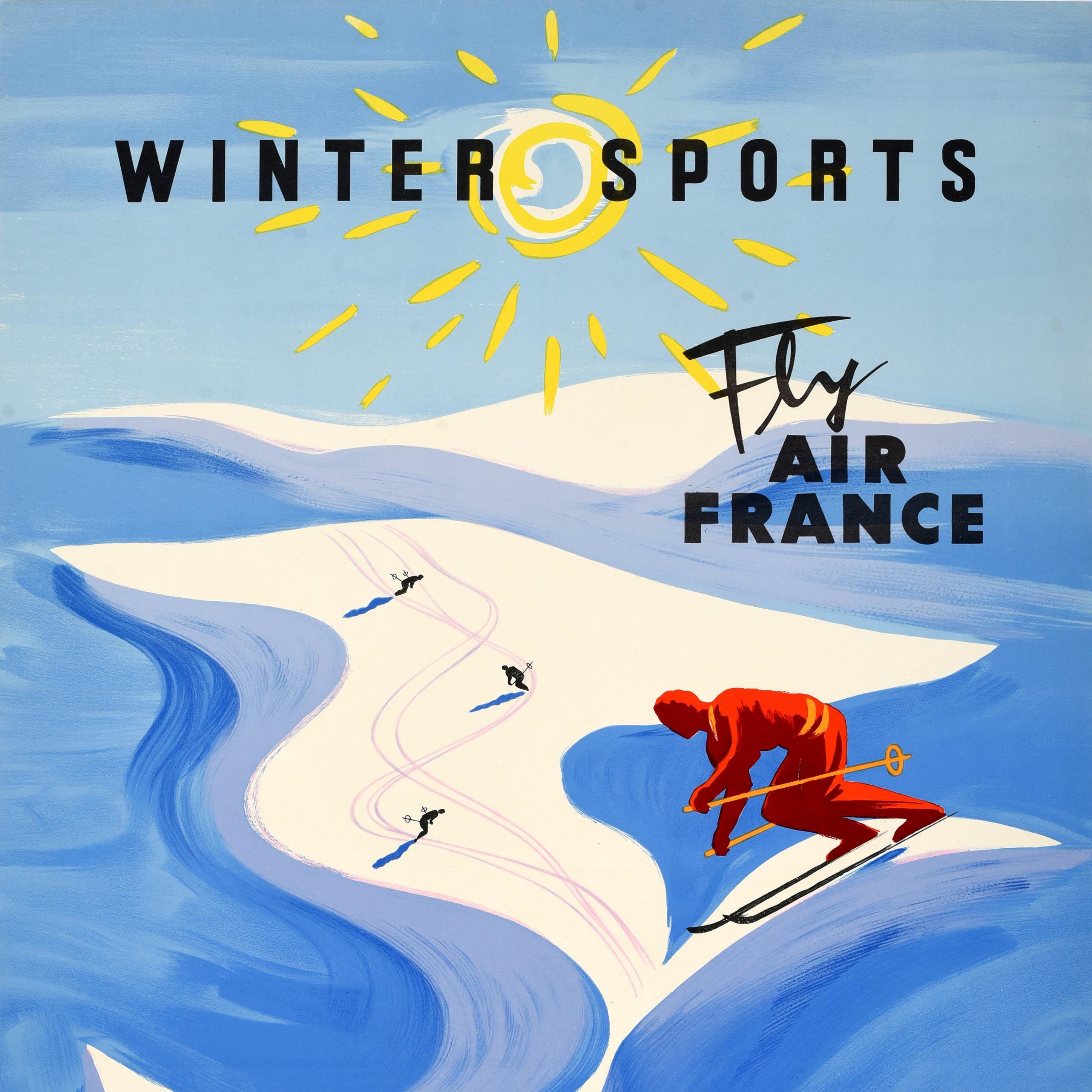 Original Vintage Ski Travel Poster Winter Sports Fly Air France Villemot Design - Blue Print by Bernard Villemot