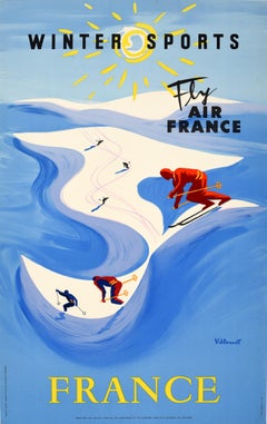 Original Vintage Ski Travel Poster Winter Sports Fly Air France Villemot Design