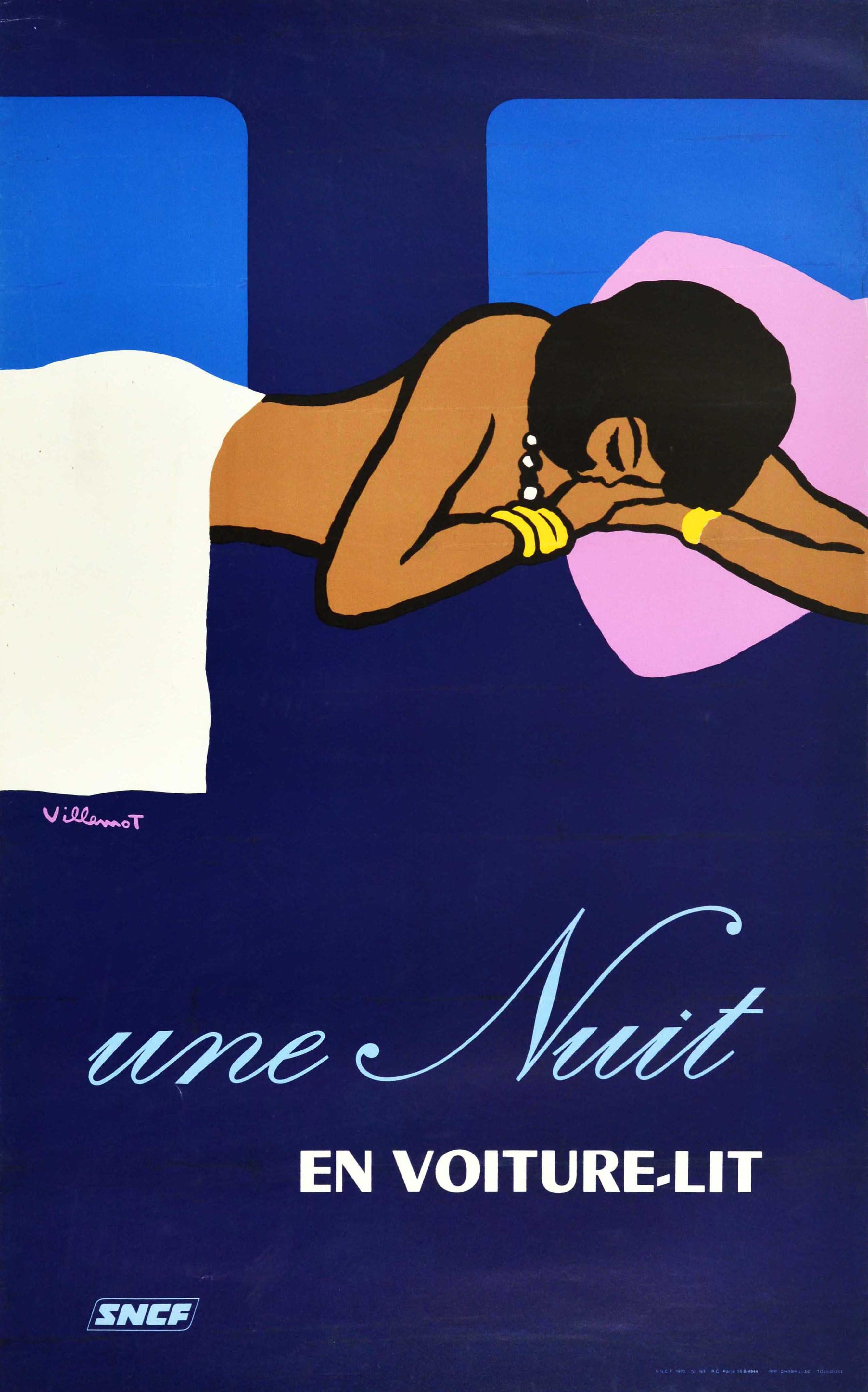 Original vintage travel advertising poster published by French Railways SNCF to promote the sleeping carriages available on its overnight services - Une nuit en voiture lits - featuring a great design by the French graphic artist Bernard Villemot