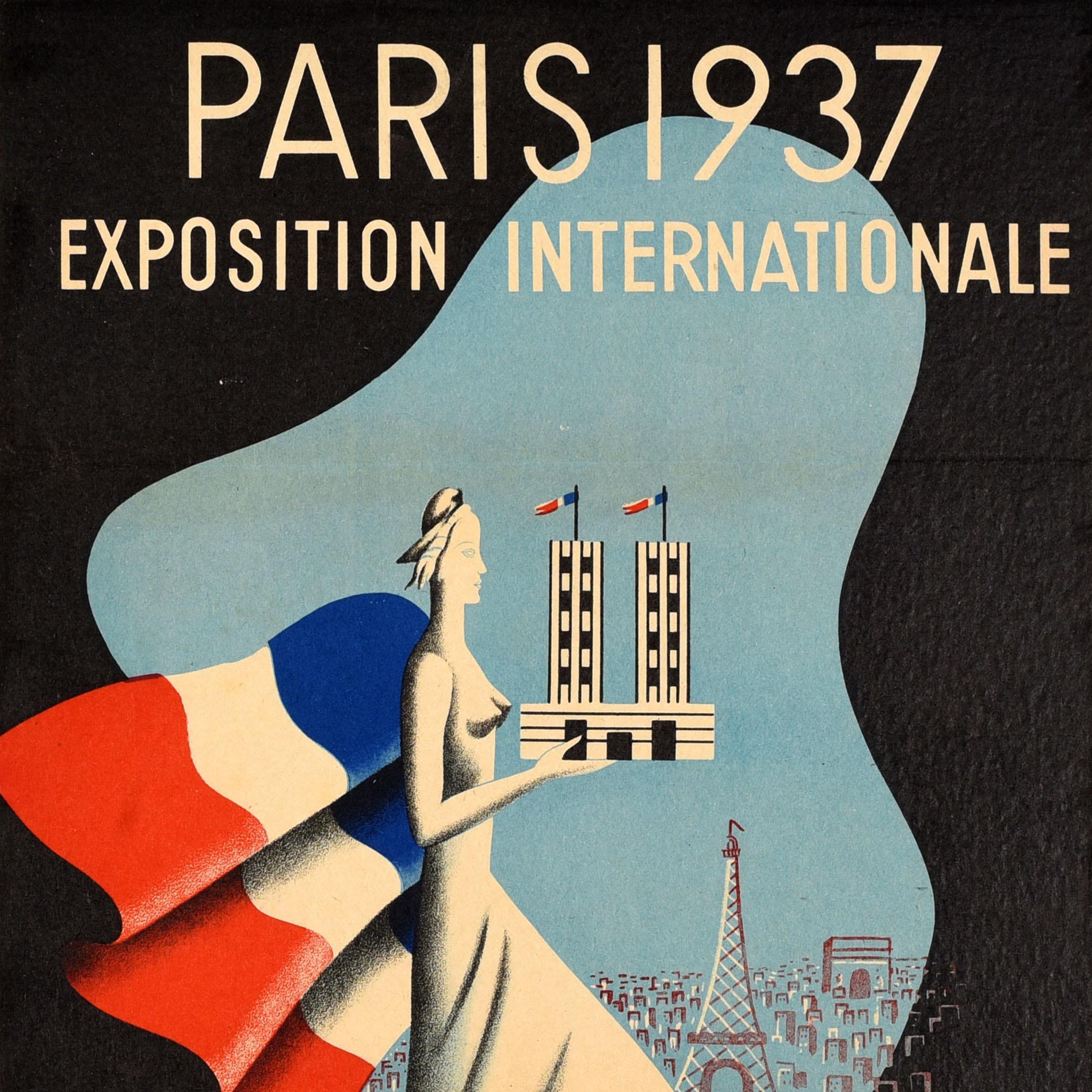 Original-Vintage-Reiseplakat, Paris 1937, Weltausstellung Villemot Bouissoud, Art déco, Art déco (Schwarz), Print, von Bernard Villemot