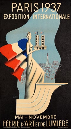 Original Vintage Travel Poster Paris 1937 World Fair Villemot Bouissoud Art Deco