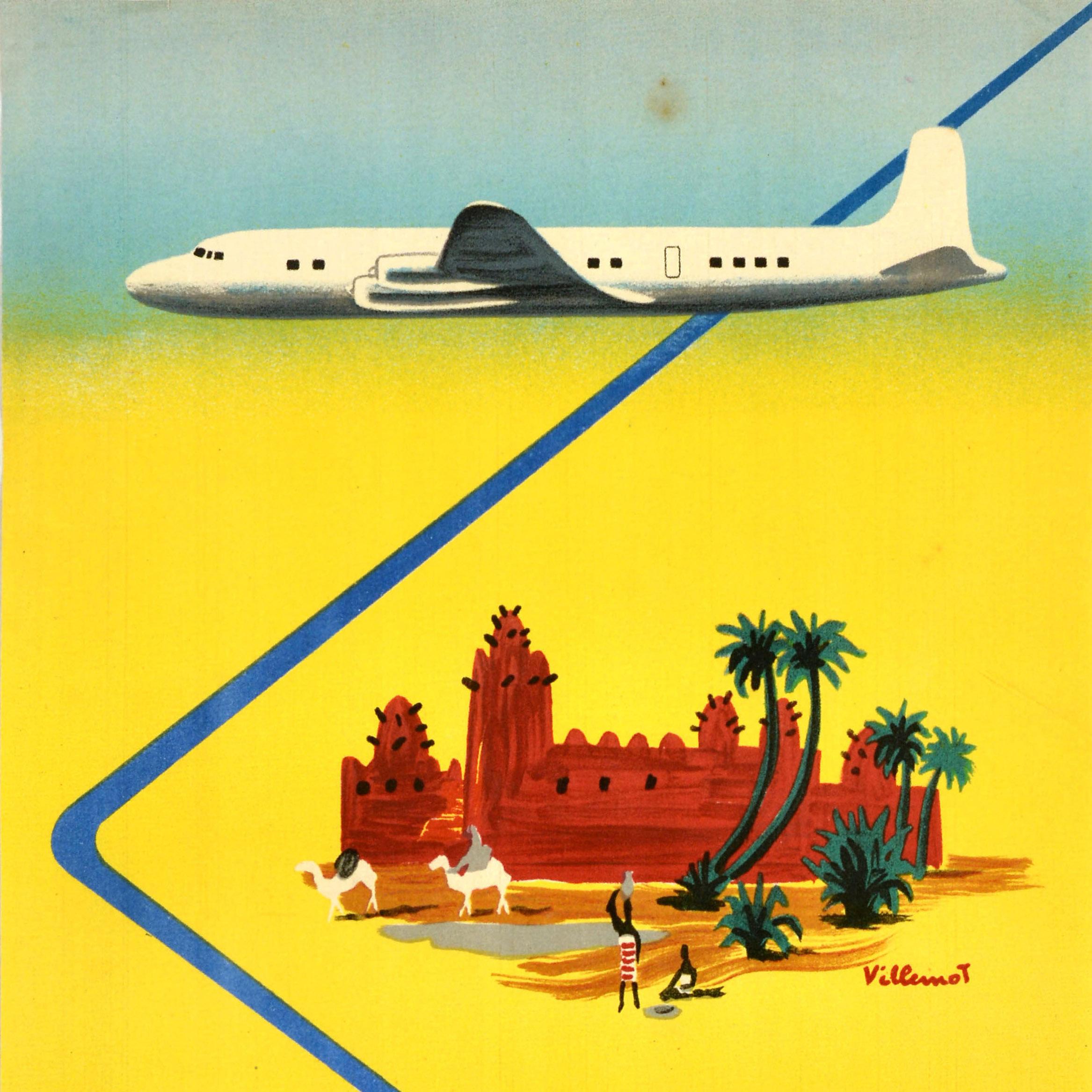 Original vintage travel poster - TAI Afrique Noire / Sub-Saharan Africa - featuring colourful artwork by the renowned graphic artist Bernard Villemot (1911-1989) depicting a plane flying above a walled city with camels and silhouettes with people
