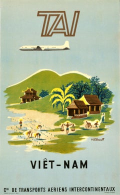 Affiche rétro originale de voyage TAI Airline Vietnam Asie Villemot, Art du milieu du siècle dernier