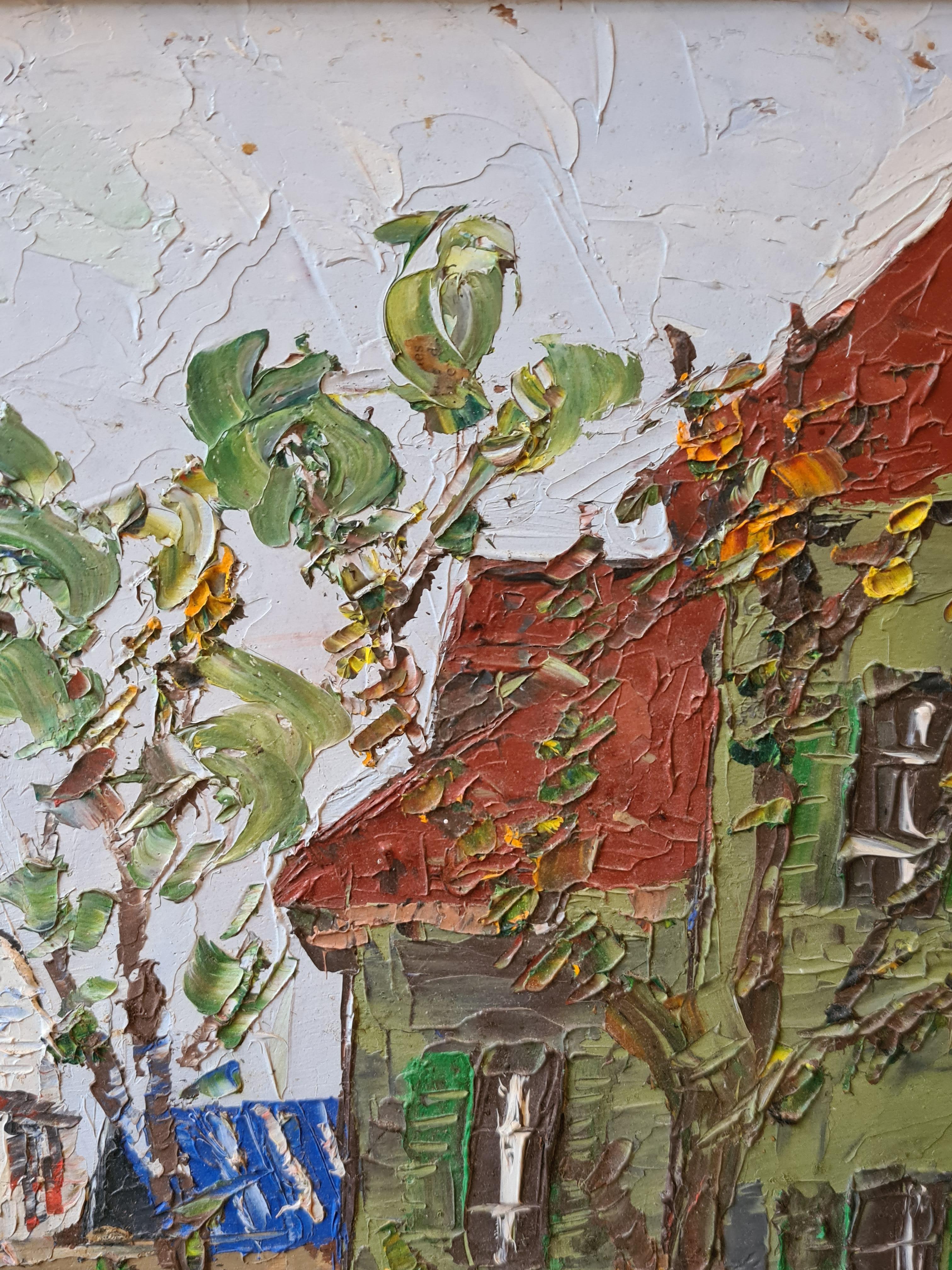 Französischer Expressionist, Öl auf Karton, Place du Tertre und Sacre Coeur in Paris von Bernard Vivier. Signiert auf der Rückseite der Tafel, präsentiert in einem schlichten Holzrahmen.

Ein wunderschönes, farbenfrohes und lebhaftes Gemälde dieses