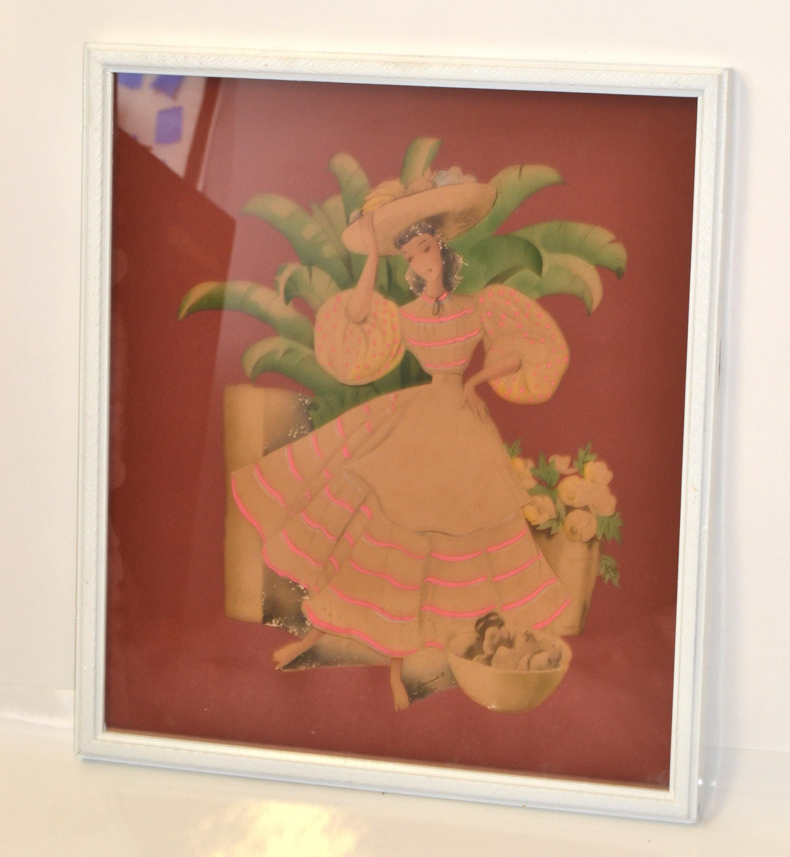 Bernard Watercolor Columbian Woman Carries Fruit Basket Folk Art Ornated Frame   For Sale 6