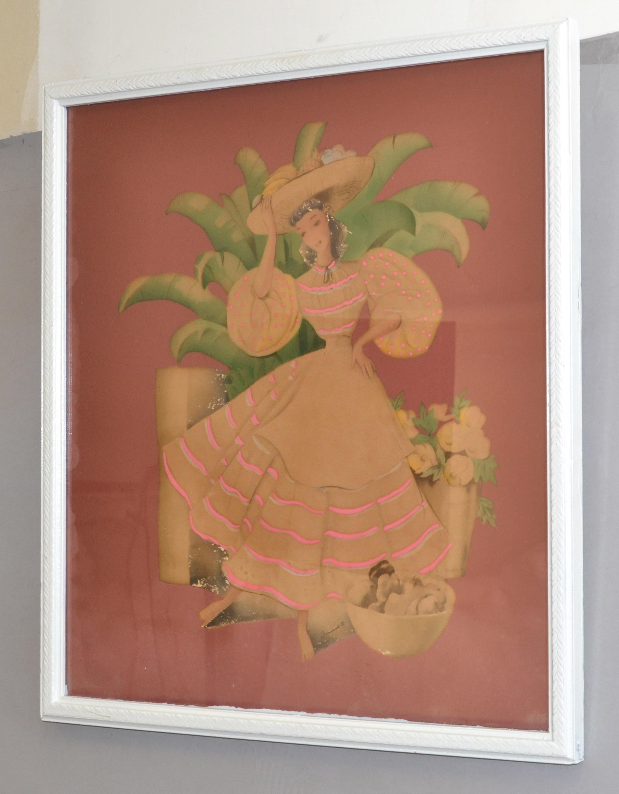 Vintage Bernard Watercolor Framed behind Glass Columbian Young Woman carries a Fruit Basket on her Head. 
Signed on Bernard, Copyright.
Wood Frame is whitewashed and ornate.
In vintage condition with wear to History as shown in the pictures.
Art