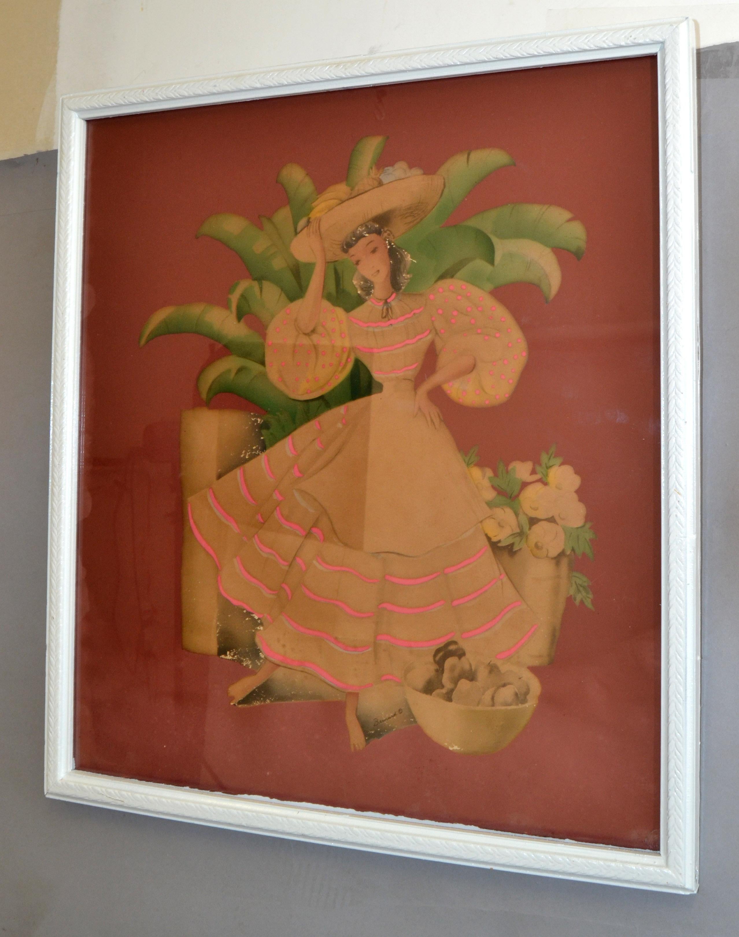Bernard Watercolor Columbian Woman Carries Fruit Basket Folk Art Ornated Frame   In Good Condition For Sale In Miami, FL
