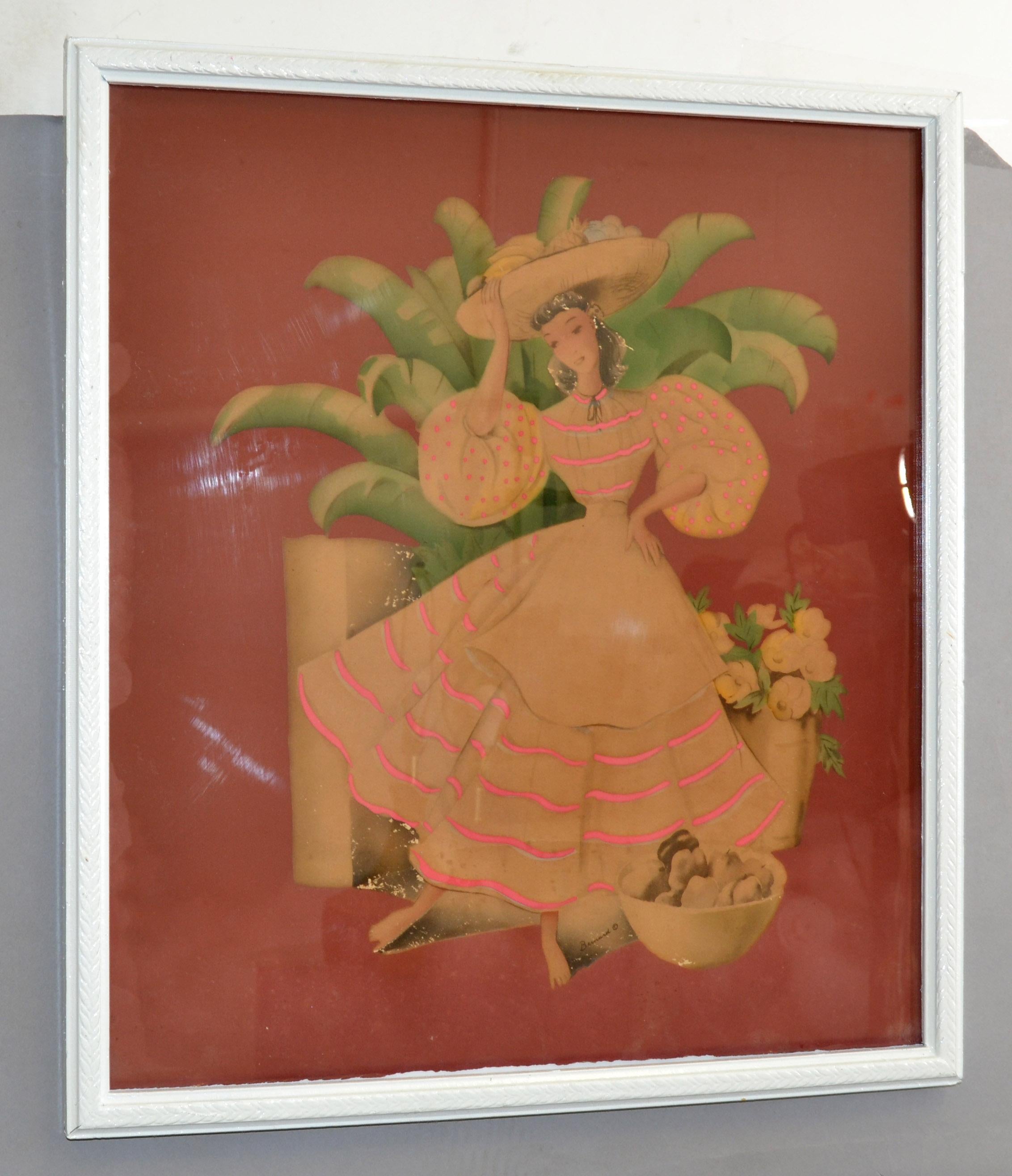 Bernard Watercolor Columbian Woman Carries Fruit Basket Folk Art Ornated Frame   For Sale 1