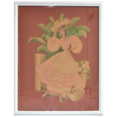 Bernard Watercolor Columbian Woman Carries Fruit Basket Folk Art Ornated Frame