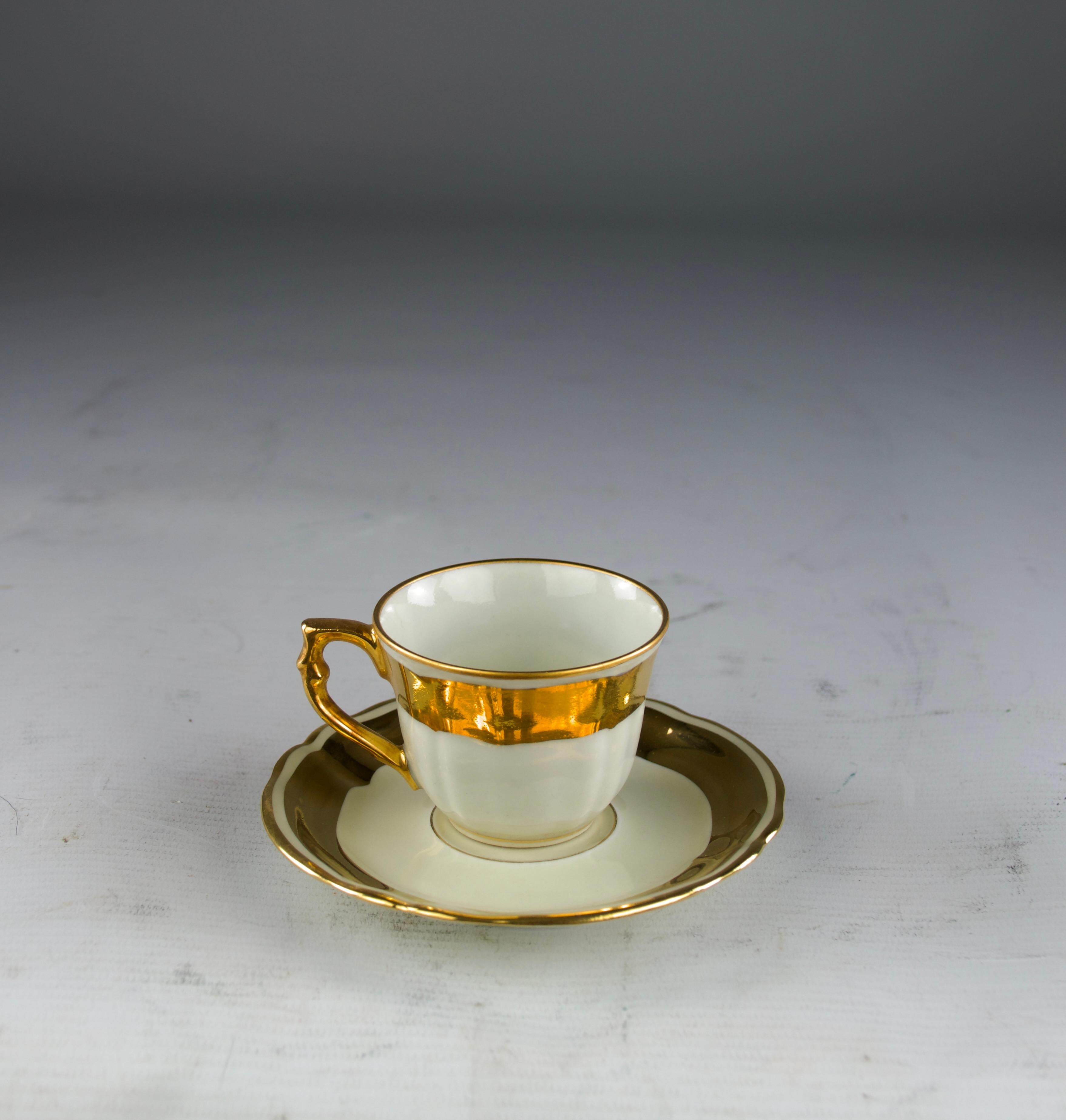French Bernardaud, Gold Line Espresso Coffee Cup and Saucer, France 1950s For Sale