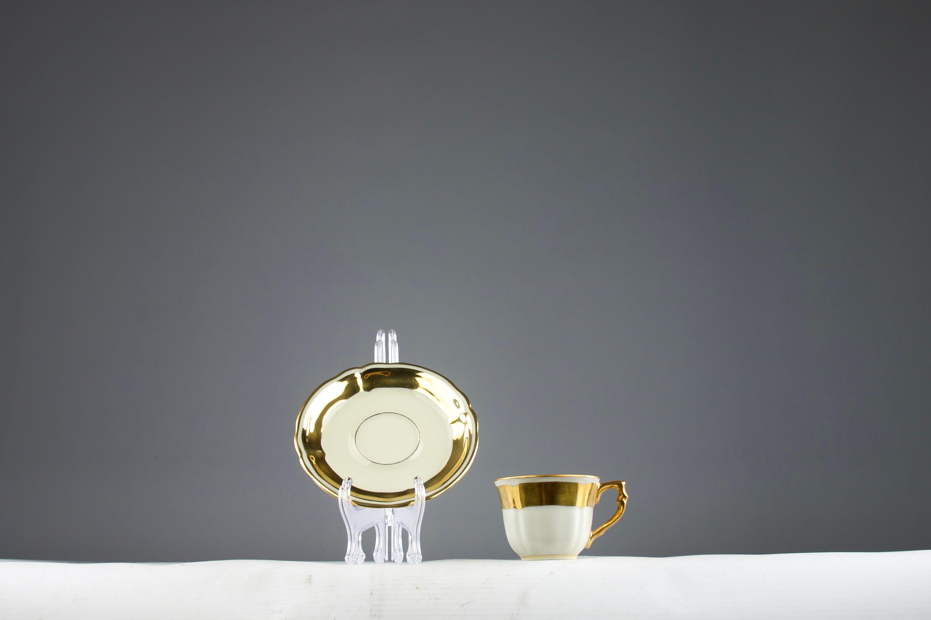 Porcelain Bernardaud, Gold Line Espresso Coffee Cup and Saucer, France 1950s For Sale