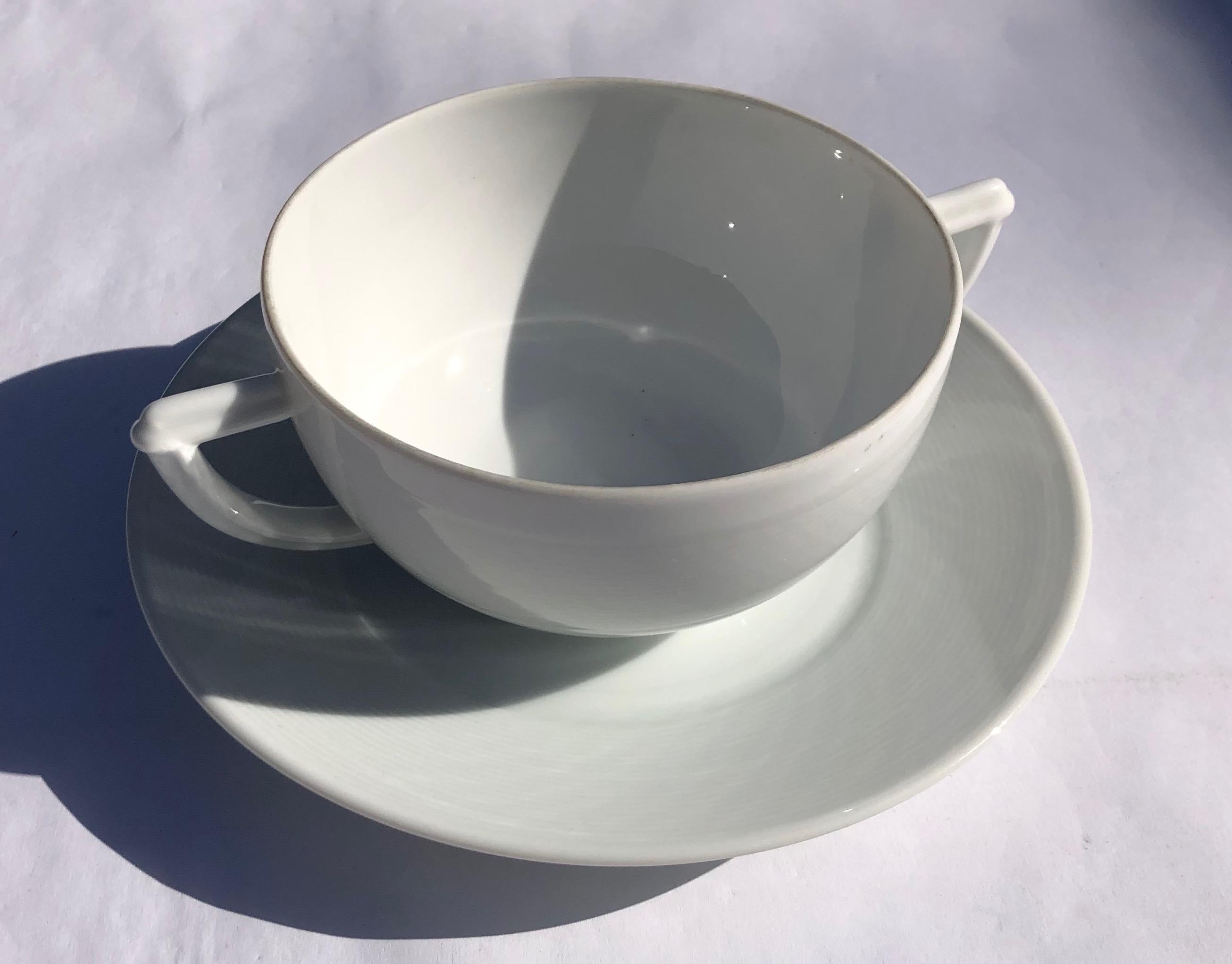 Modern Bernardaud Limoges Set of 12 White Soup Bowls with Saucers, 5 Square Plates New For Sale