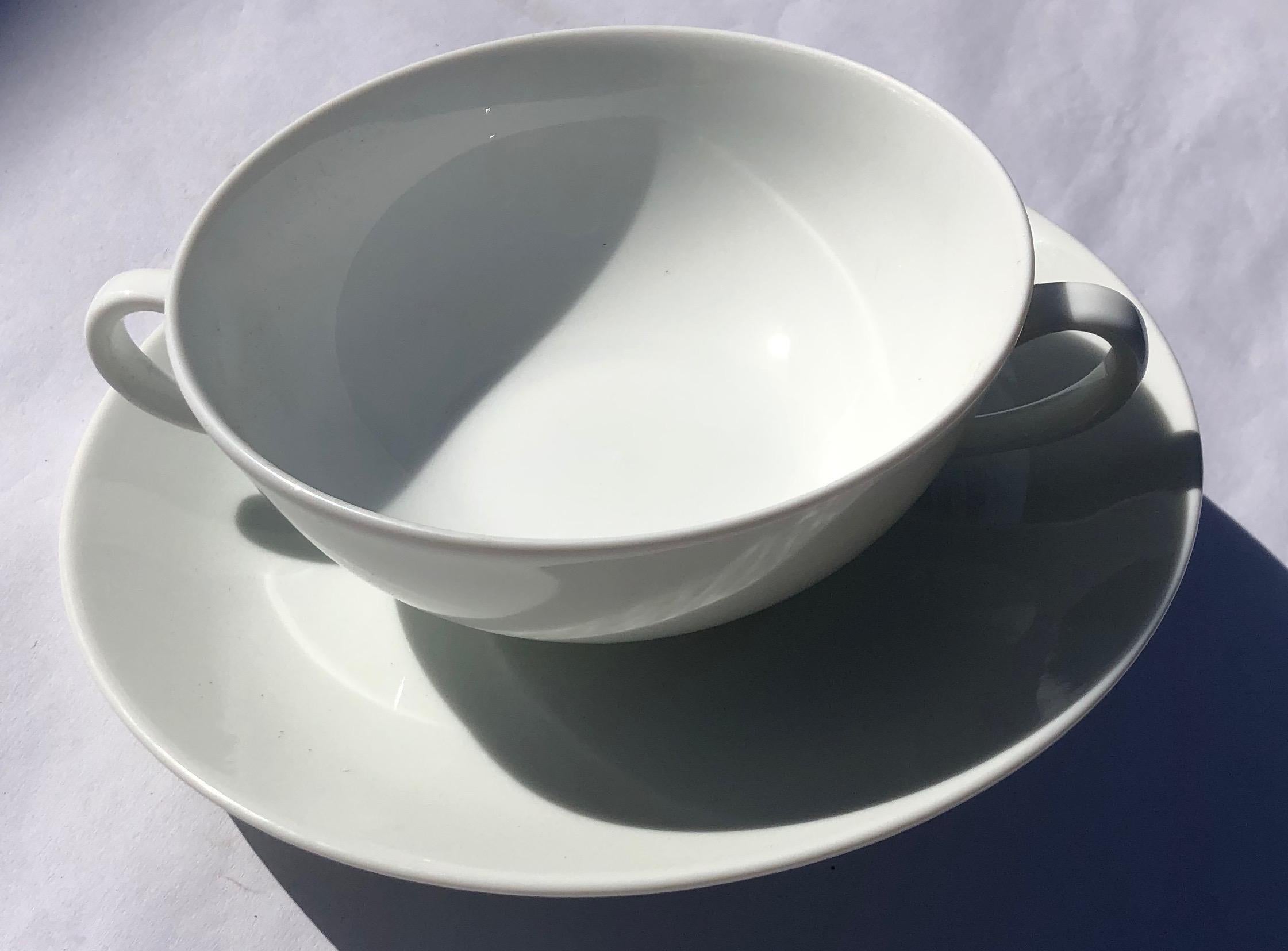 Bernardaud Limoges Set of 12 White Soup Bowls with Saucers, 5 Square Plates New In Excellent Condition For Sale In Petaluma, CA