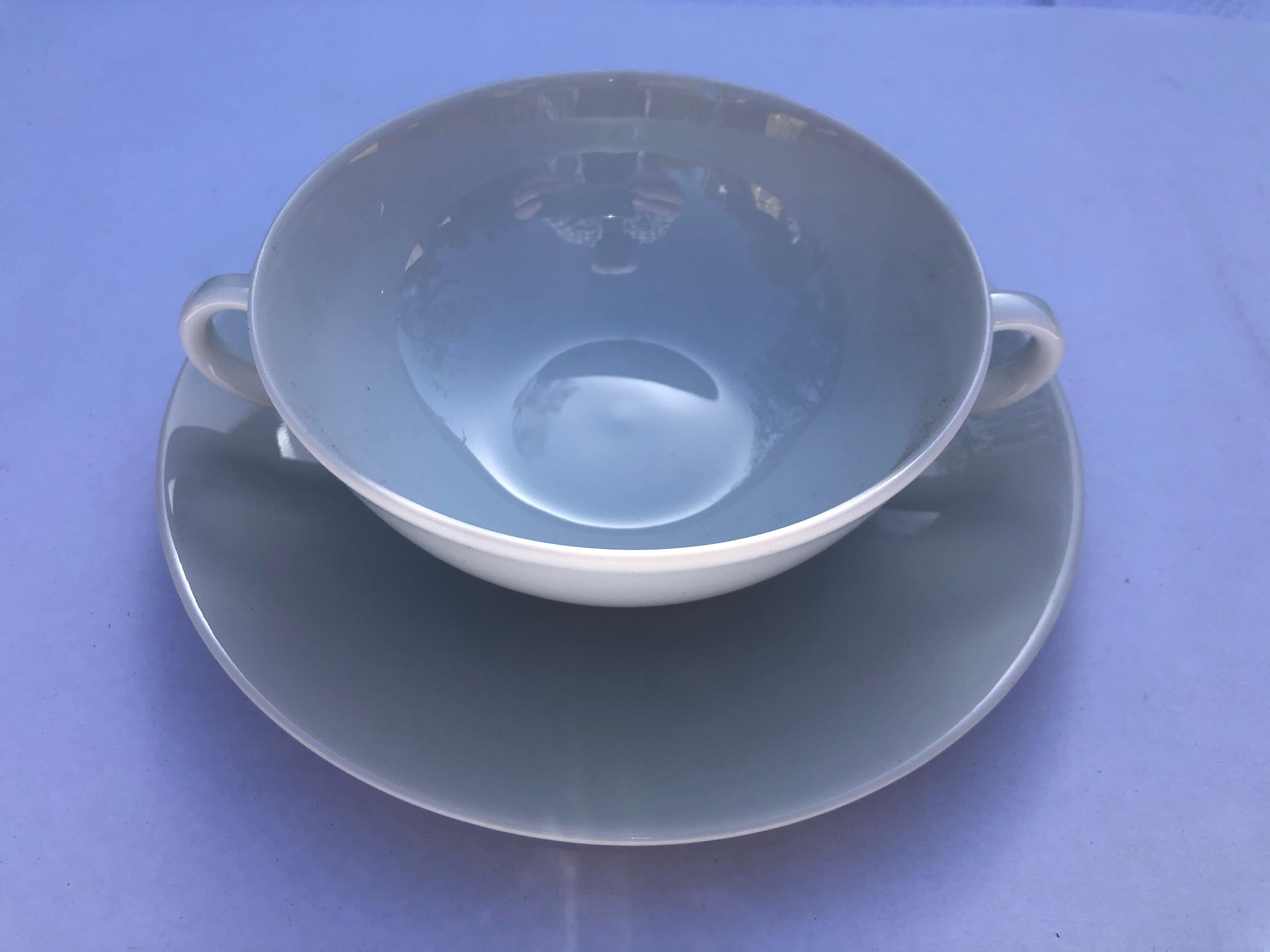 Porcelain Bernardaud Limoges Set of 12 White Soup Bowls with Saucers, 5 Square Plates New For Sale