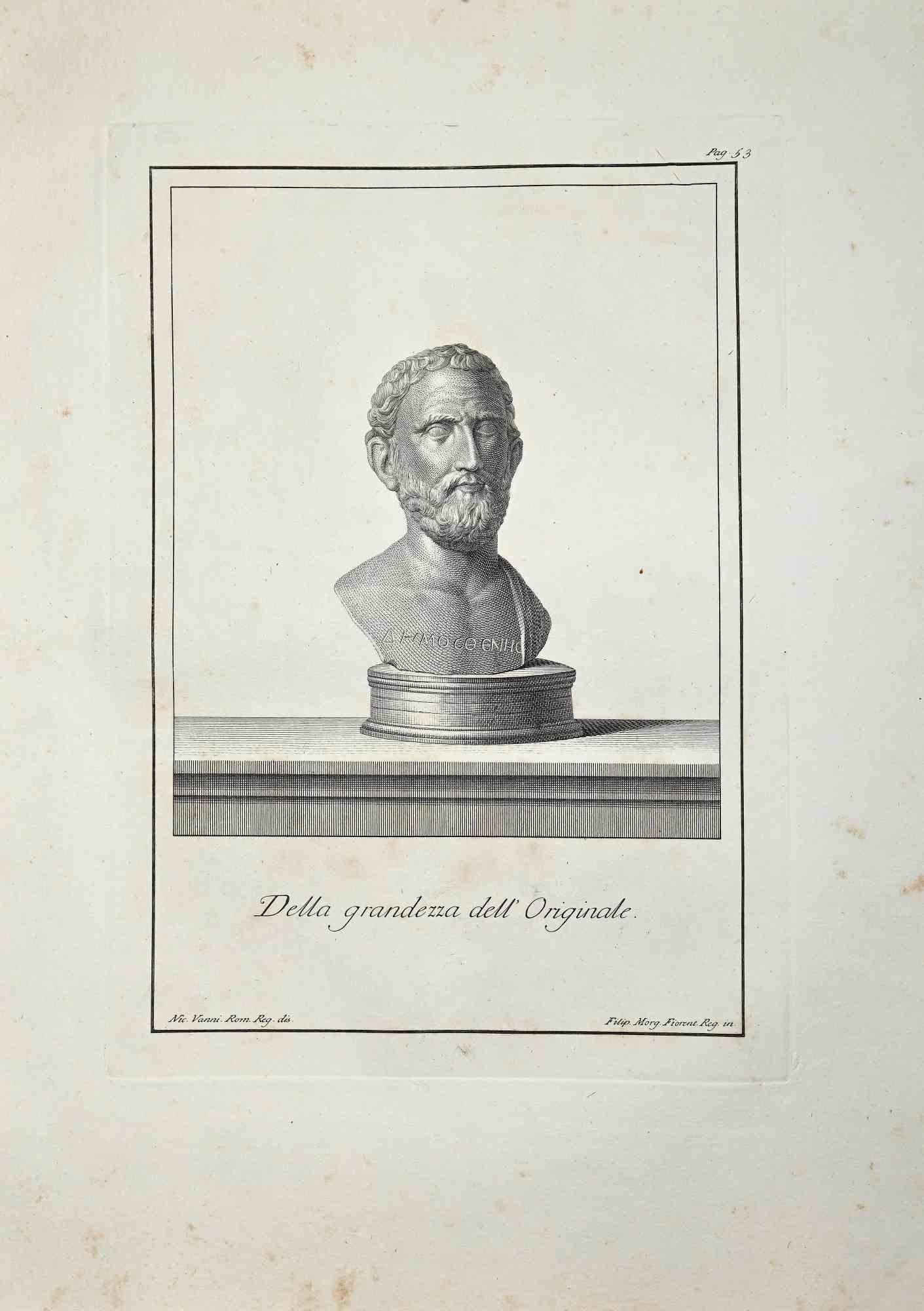 Buste romain antique, de la série "Antiquités d'Herculanum", est une gravure originale sur papier réalisée par Bernardino Nolli.

Signé sur la plaque, en bas à droite.

Bonnes conditions, avec quelques rousseurs diffuses.

La gravure appartient à la