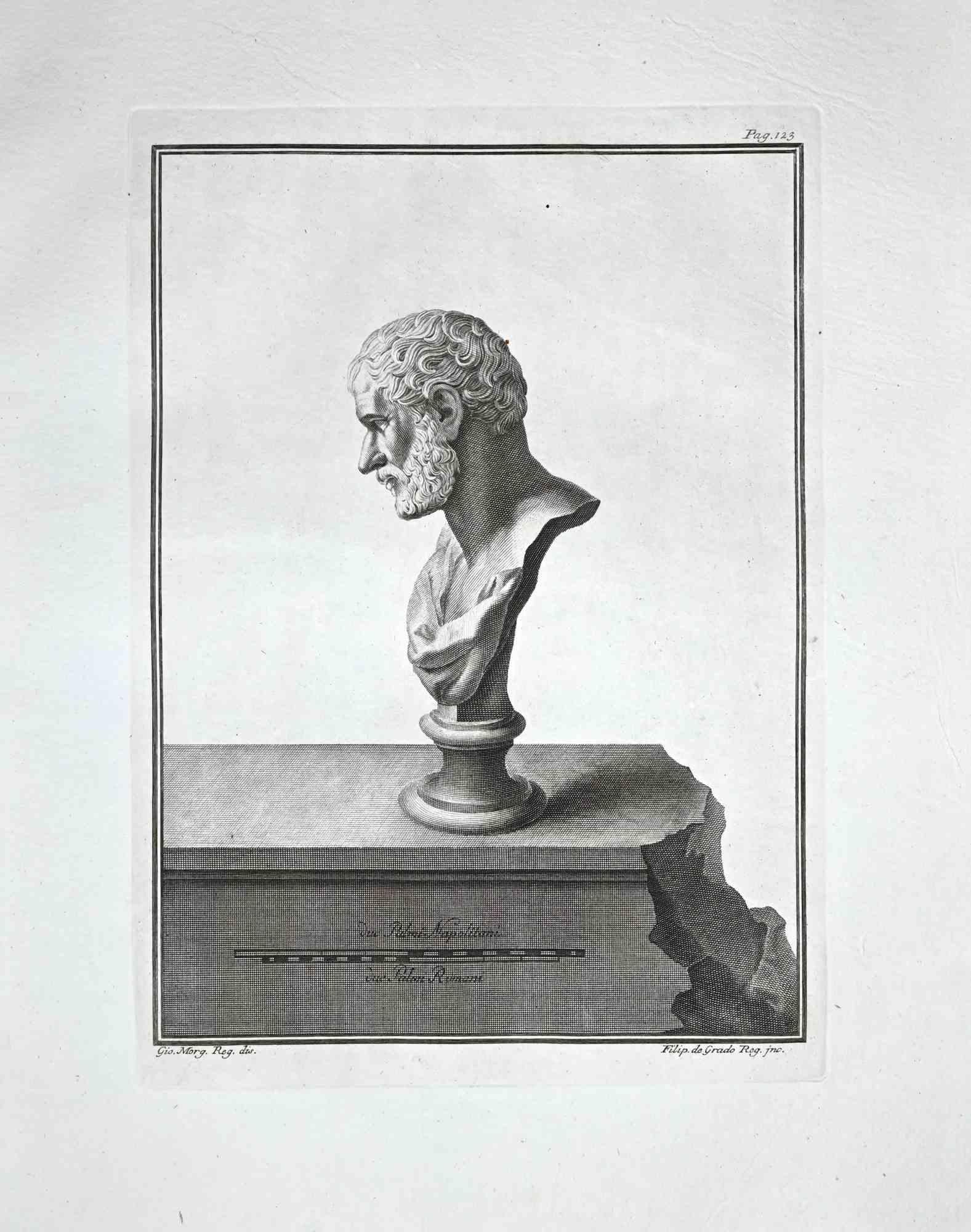 Ancient Roman Bust, from the series "Antiquities of Herculaneum", is an original etching on paper realized by Bernardino Nolli.

Signed on the plate, on the lower right.

Good conditions, with some diffused foxing.

The etching belongs to the print