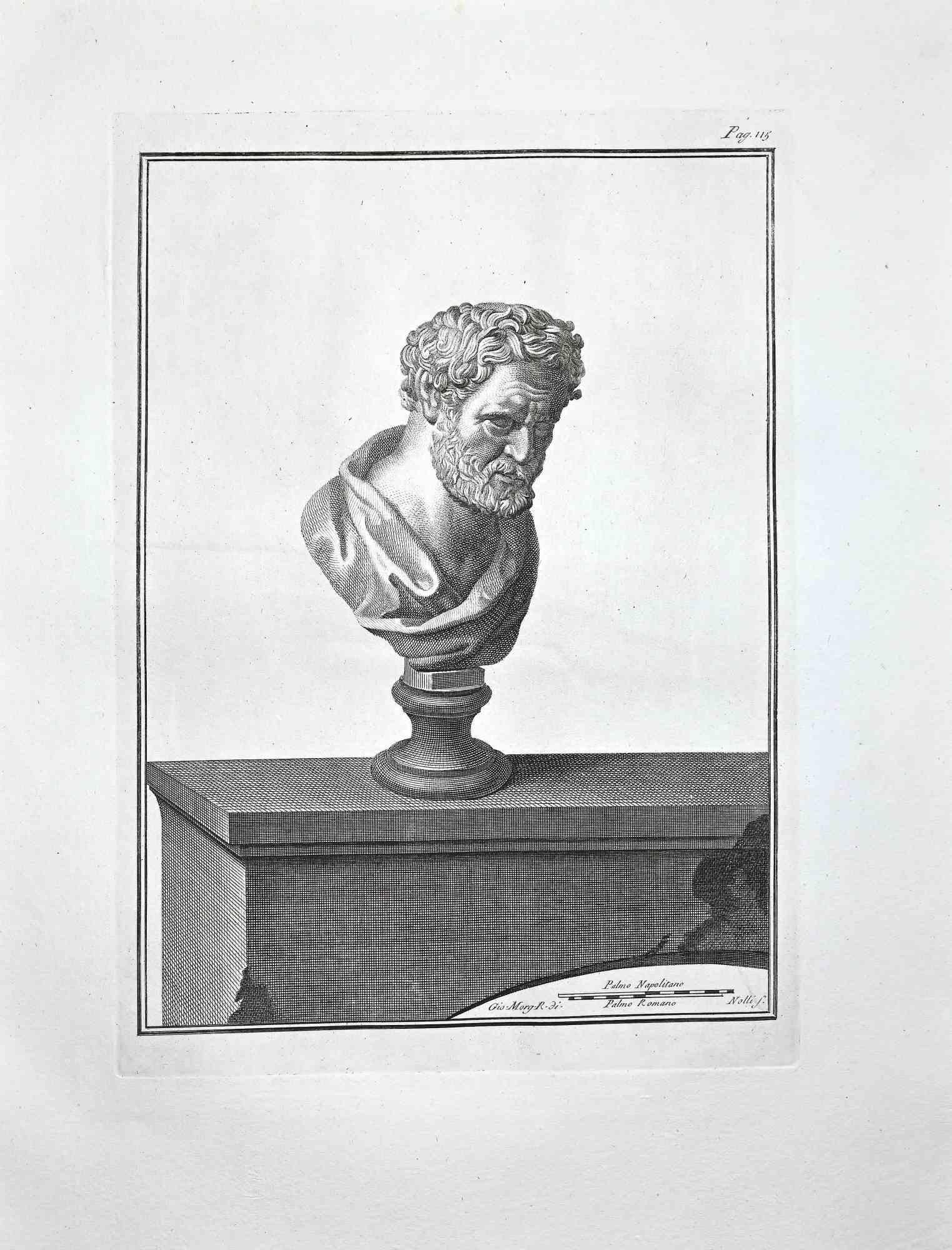 Antico busto romano, dalla serie "Antichità di Ercolano", è un'acquaforte originale su carta realizzata da Bernardino Nolli.

Firmato sul piatto, in basso a destra.

Condizioni molto buone.

L'incisione appartiene alla suite di stampe "Antiquities