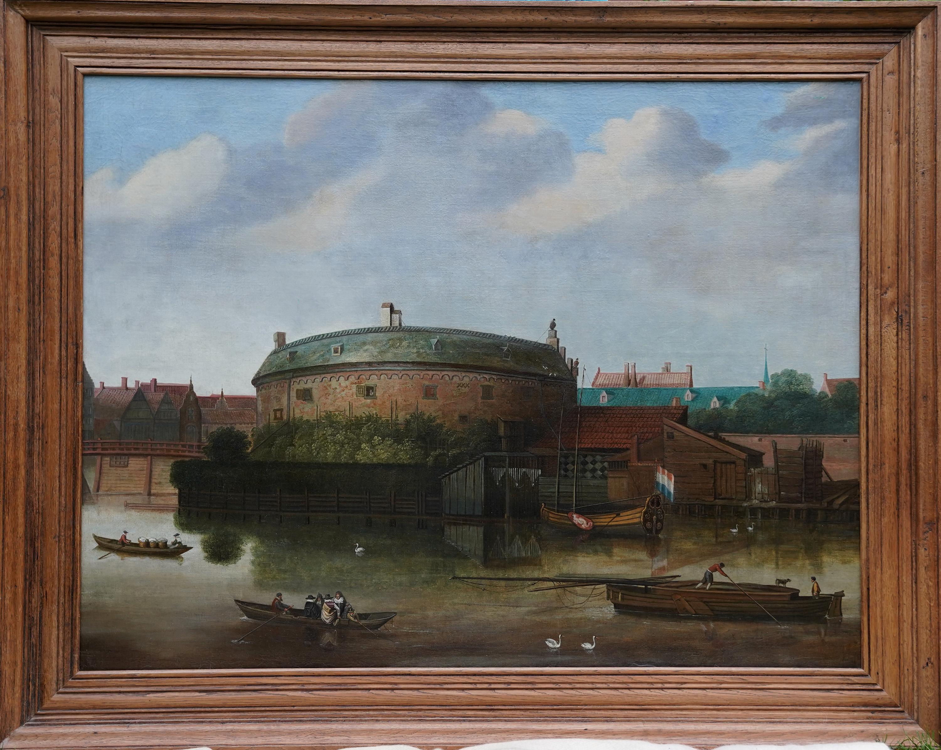 River Scene with Boats and Rotunda Building - Dutch 18th/19thC art oil painting For Sale 8