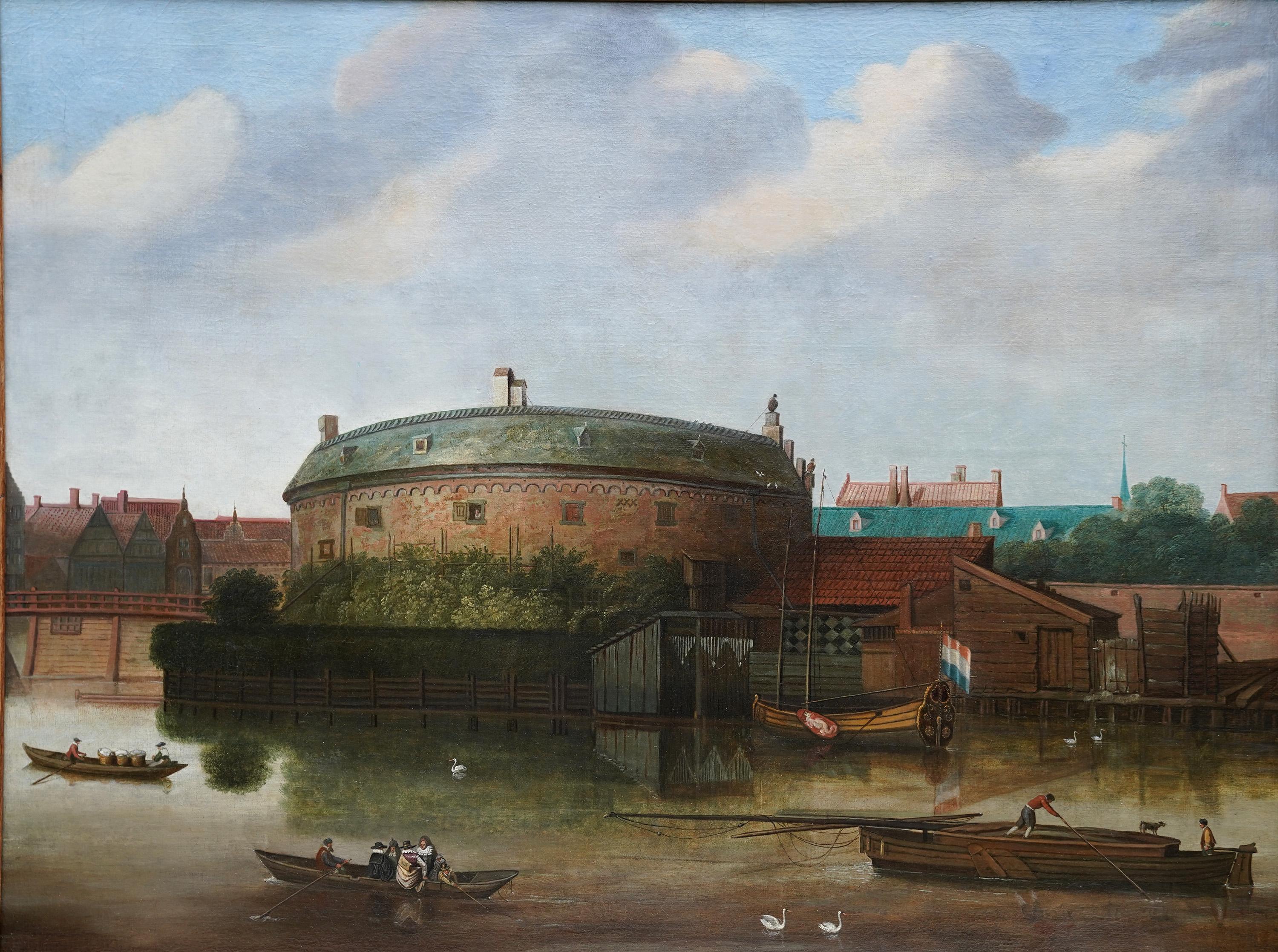 River Scene with Boats and Rotunda Building - Dutch 18th/19thC art oil painting - Painting by Bernardo Bellotto (circle)