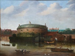 River Scene with Boats and Rotunda Building - Dutch 18th/19thC art oil painting