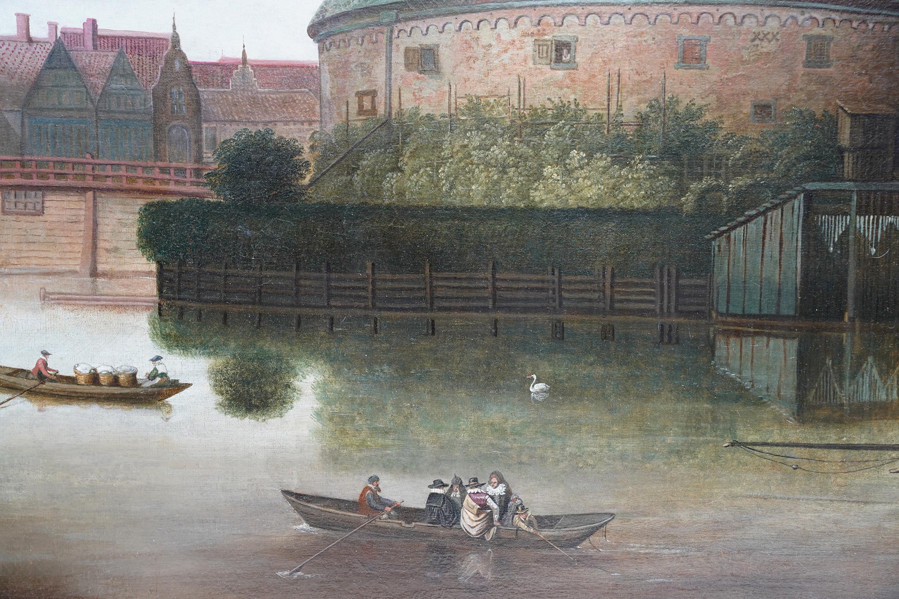 River Scene with Boats and Rotunda Building - Dutch 18th/19thC art oil painting For Sale 2