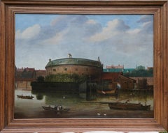 River Scene with Boats and Rotunda Building – niederländisches Ölgemälde aus dem 18./19. Jahrhundert