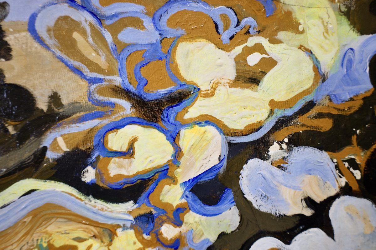 In der Malerei von Bernardo Loar erinnert seine fantastische Landschaft an den Stil von Van Gogh. Die Bewegungen der Bäume lassen auf wirbelnde Winde schließen. Eine hauchdünne, rauchähnliche Figur steigt mit anmutigem Schwung zum Himmel auf und