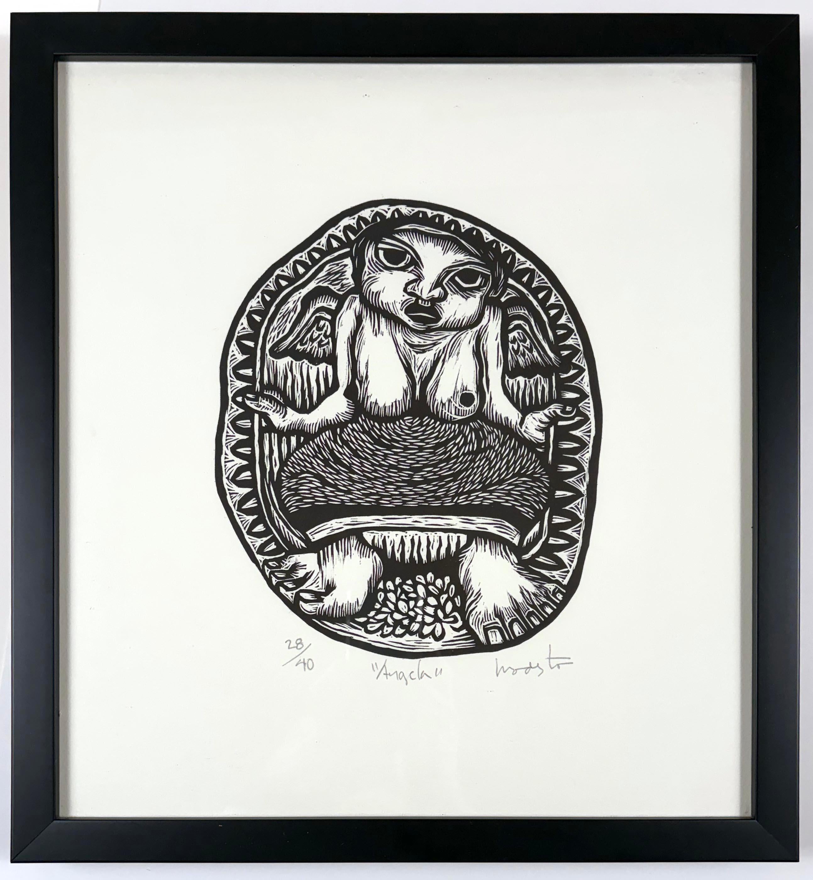 This striking black-and-white linocut by Bernardo Modesto presents a winged female figure seated within an oval frame, evoking both spiritual iconography and indigenous symbolism. The figure’s frontal pose, broad gestures, and deeply carved lines