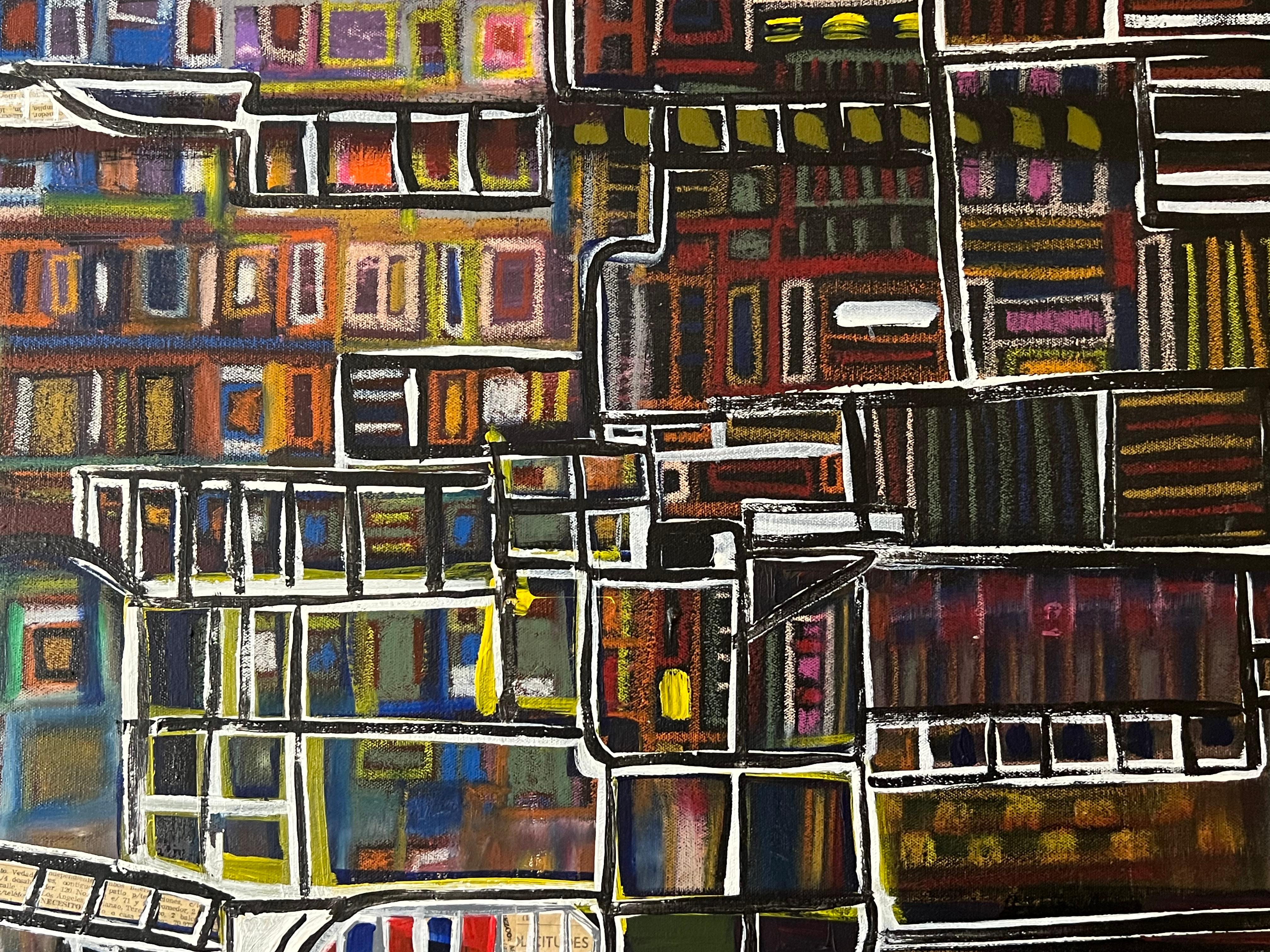 Este cuadro abstracto contemporáneo forma parte de la serie Hora punta del artista cubano Bernardo Navarro. Esta pieza recrea la aglomeración y el agobio de un viajero urbano. Los edificios se funden con las figuras, retratando con precisión un