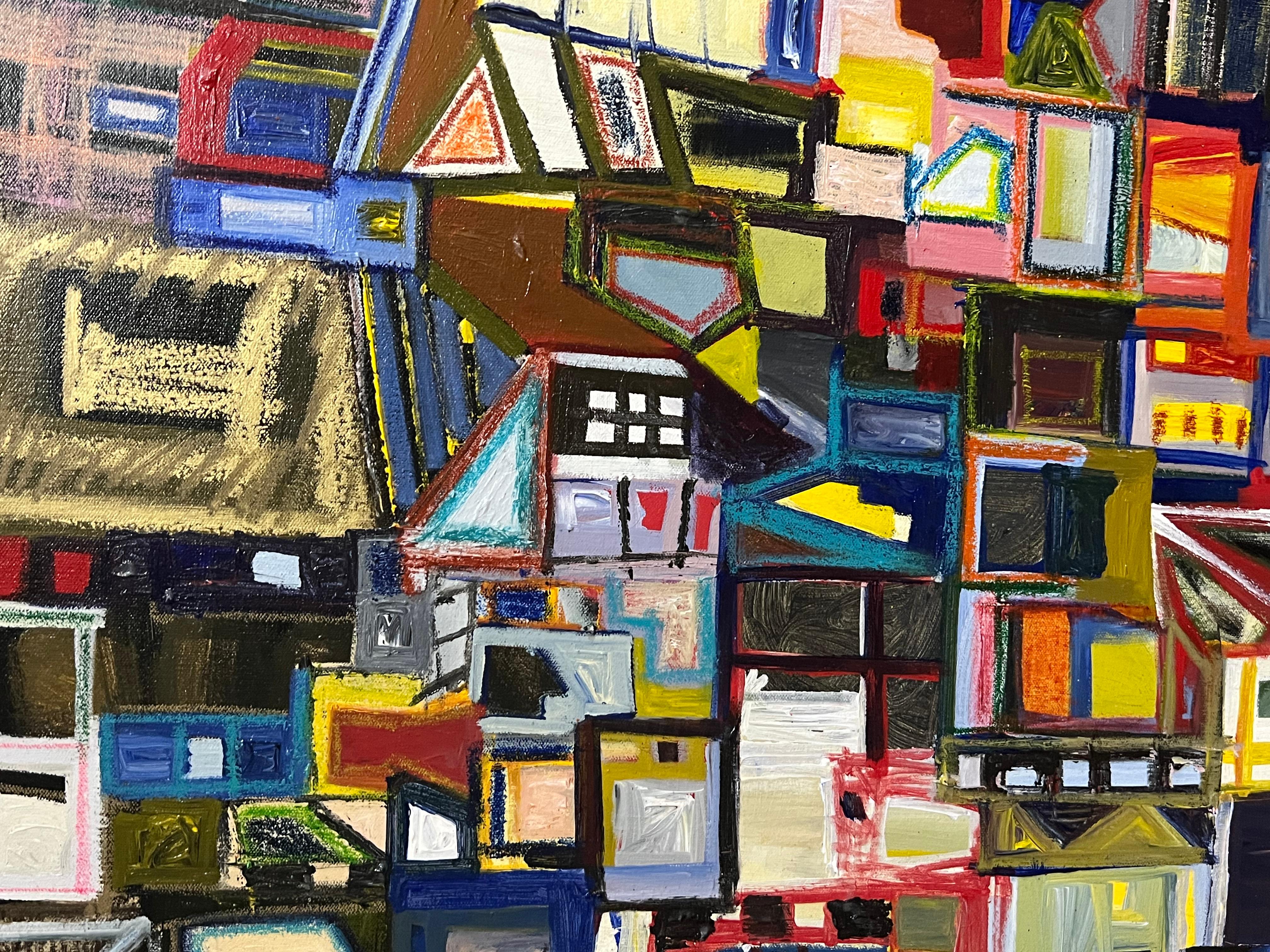 Holiday Night : Peinture à l'huile abstraite contemporaine d'un paysage urbain - Géométrique abstrait Painting par Bernardo Navarro Tomas