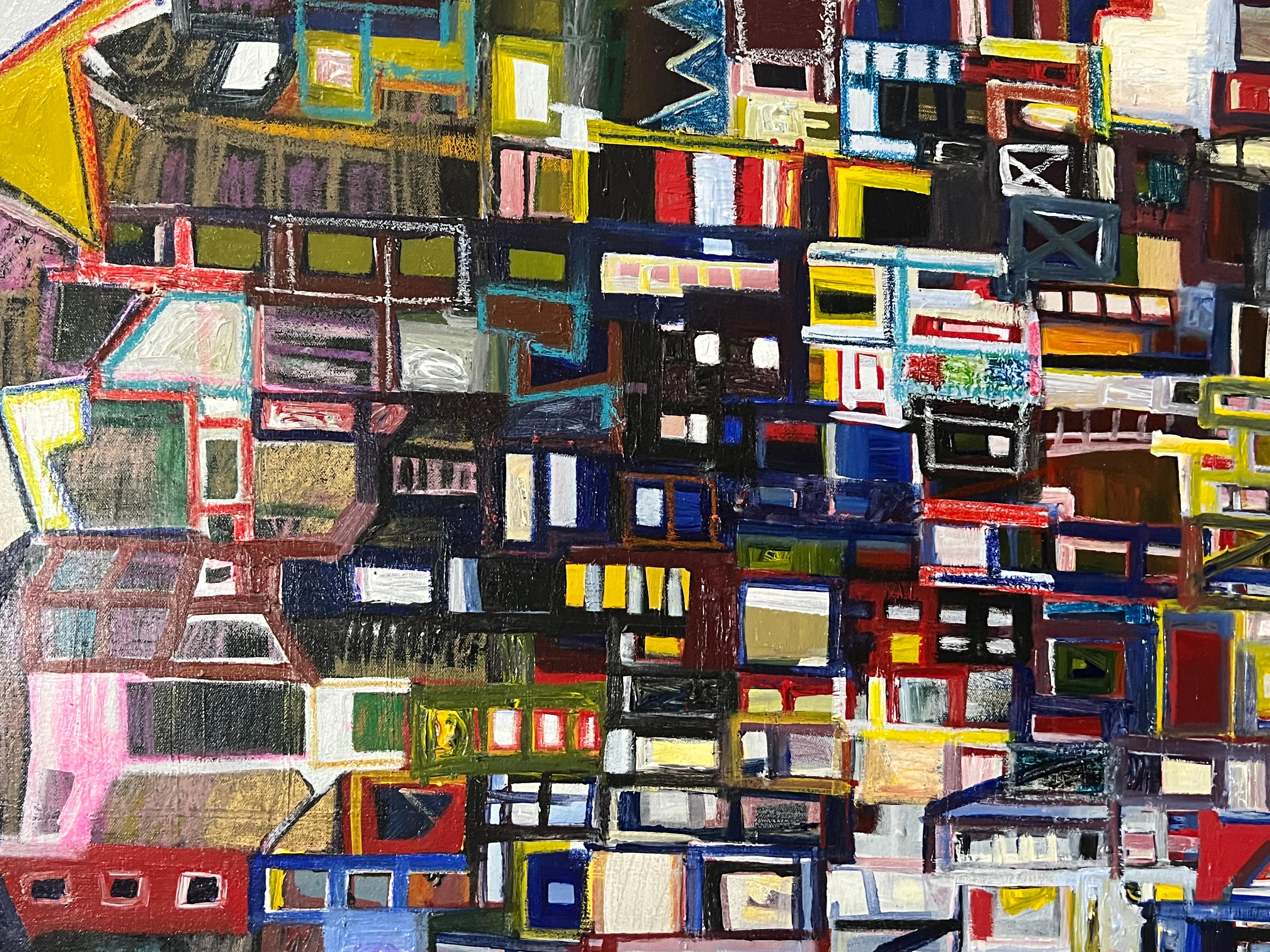 Holiday Night : Peinture à l'huile abstraite contemporaine d'un paysage urbain - Beige Figurative Painting par Bernardo Navarro Tomas