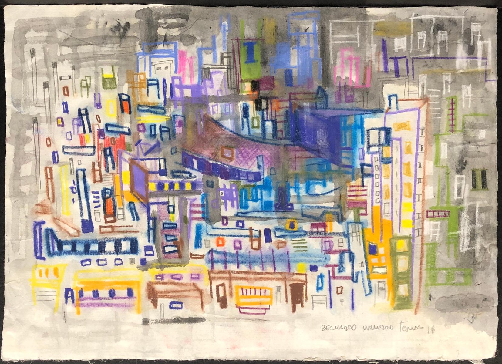 Œuvre originale signée New York City n°10, couleur papier japonais, couleur fusain pastel - Art de Bernardo Navarro Tomas