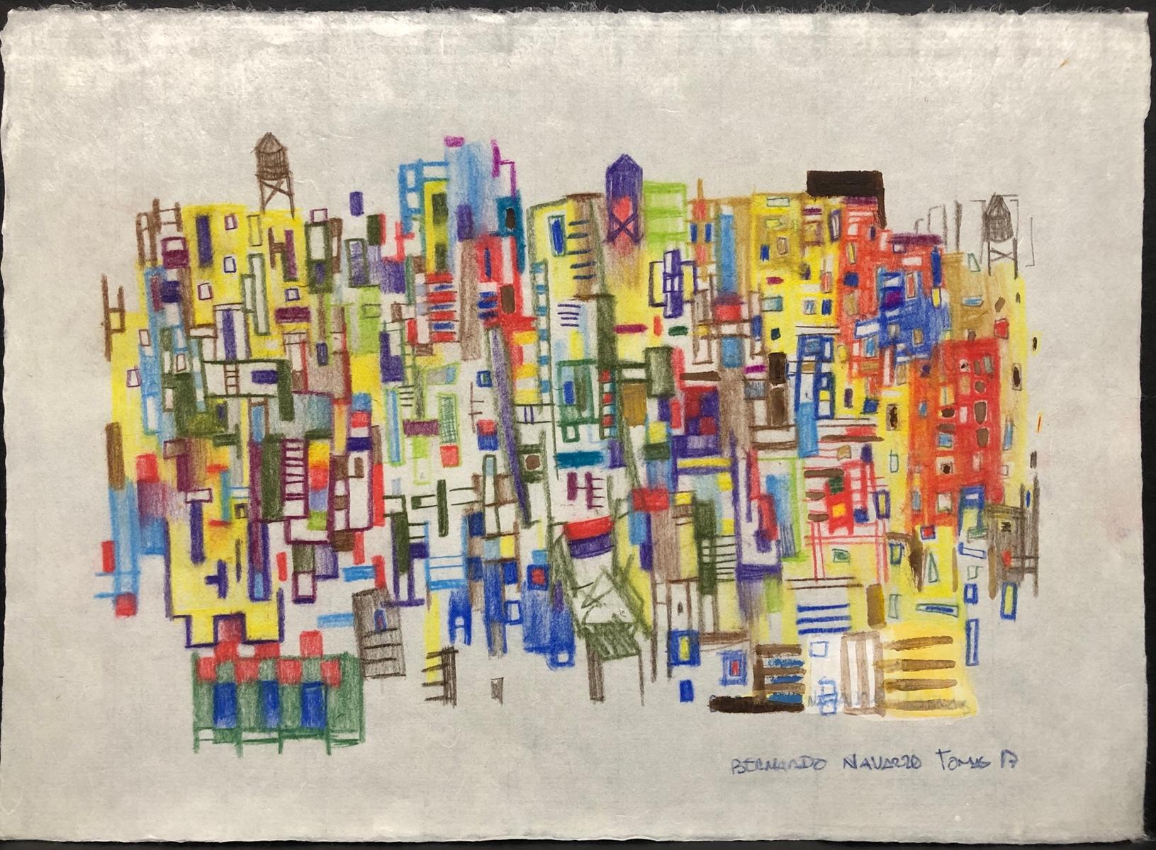 New York City 6 opere originali su carta giapponese pastello a colori collage carboncino - Art di Bernardo Navarro Tomas