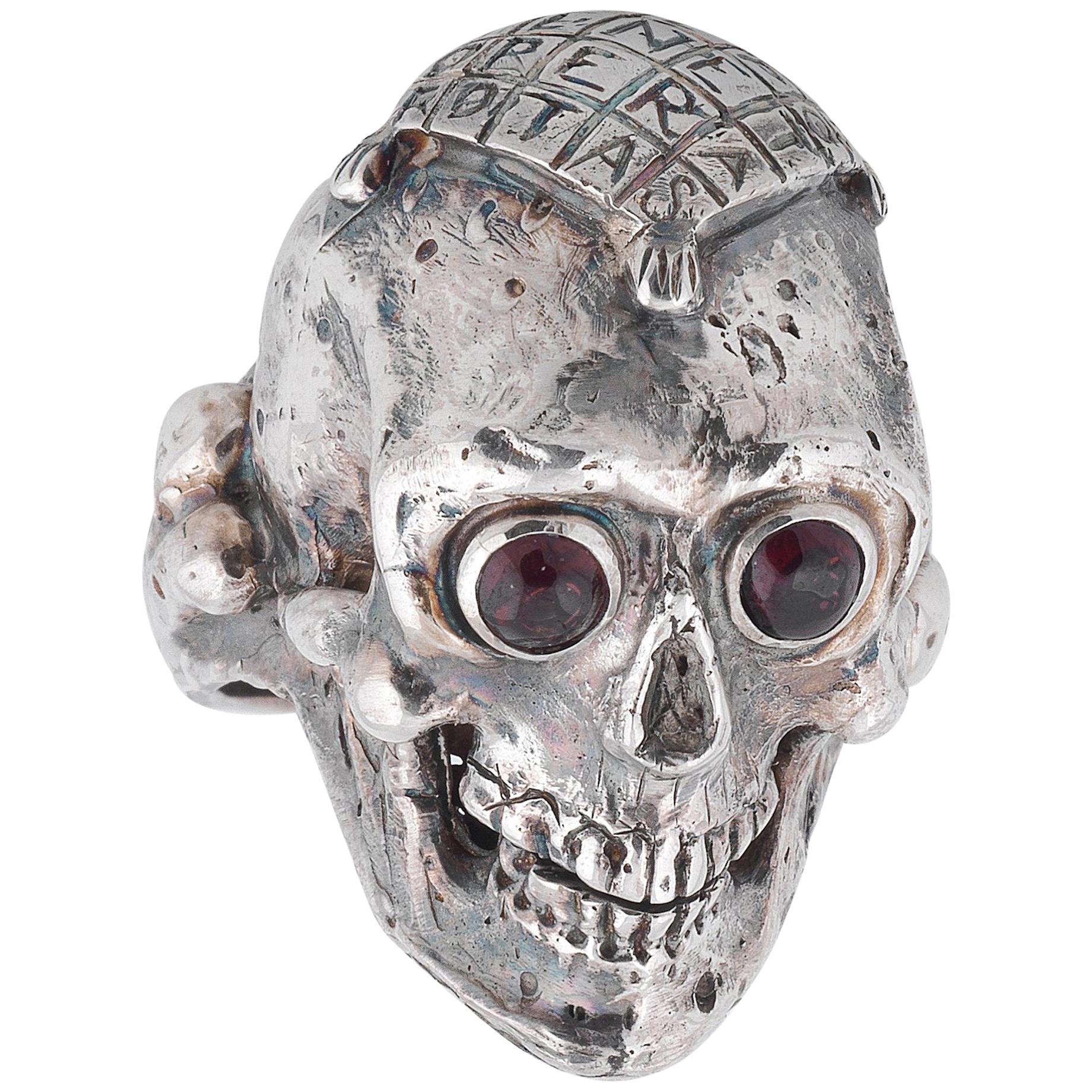 Bernardo Silver and Garnet Large Skull Ring with Sator Square