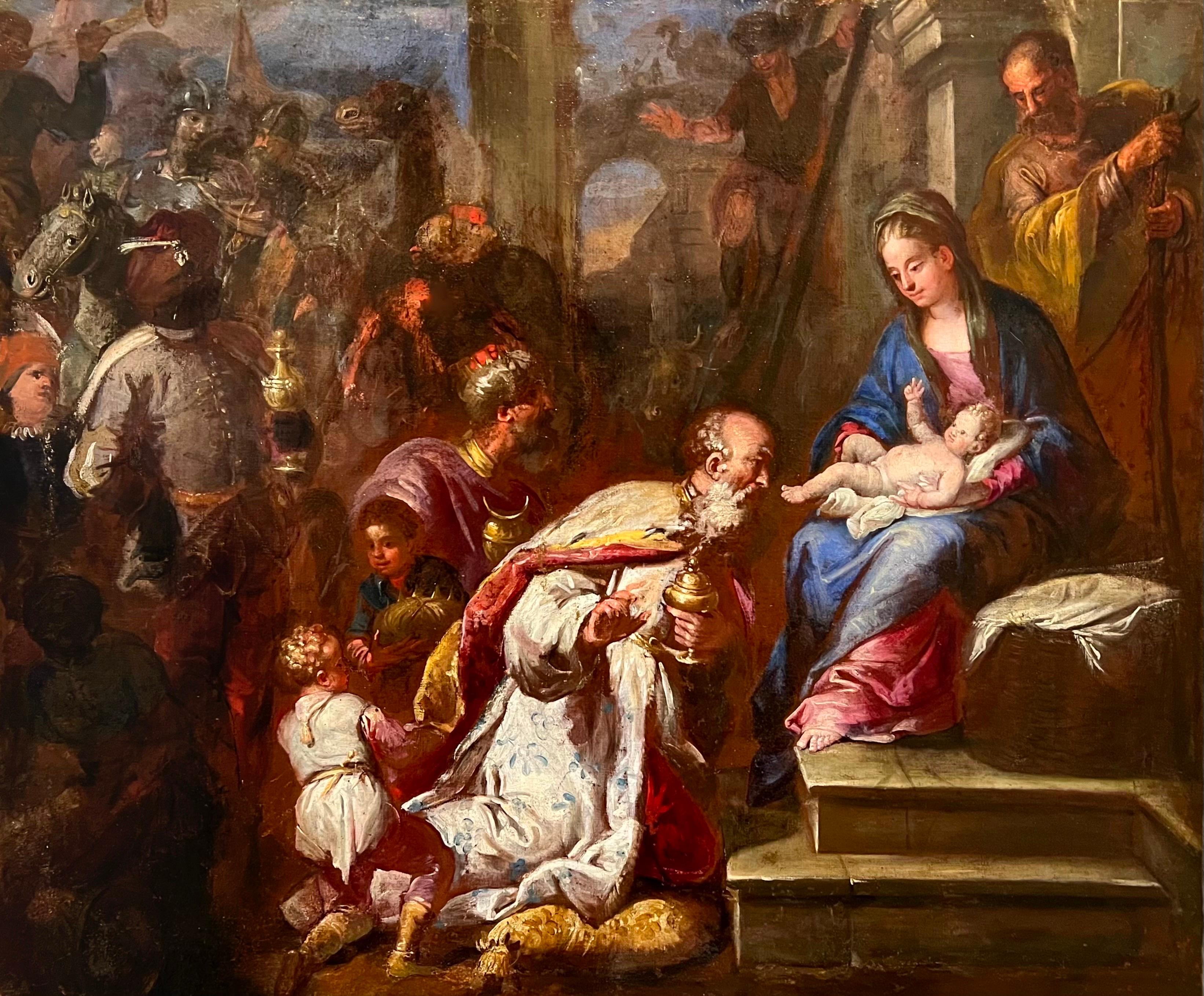 17th century Italian old master painting - Adoration of the Magi - Christmas - Old Masters Painting by Bernardo Strozzi