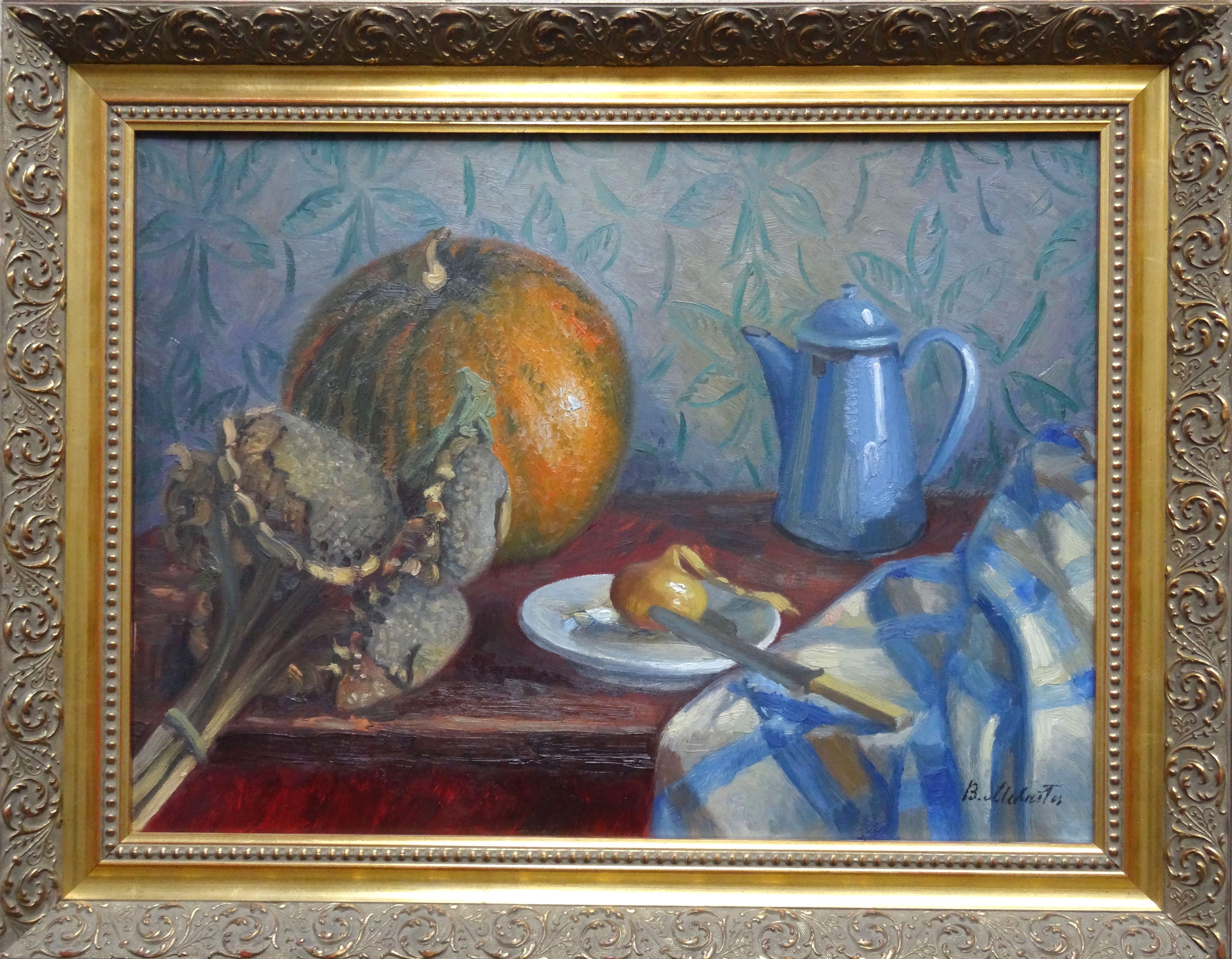 Still life with blue coffee pot. 1978. Oil on cardboard, 45.5x61.5 cm - Painting by Bernards Mednitis 