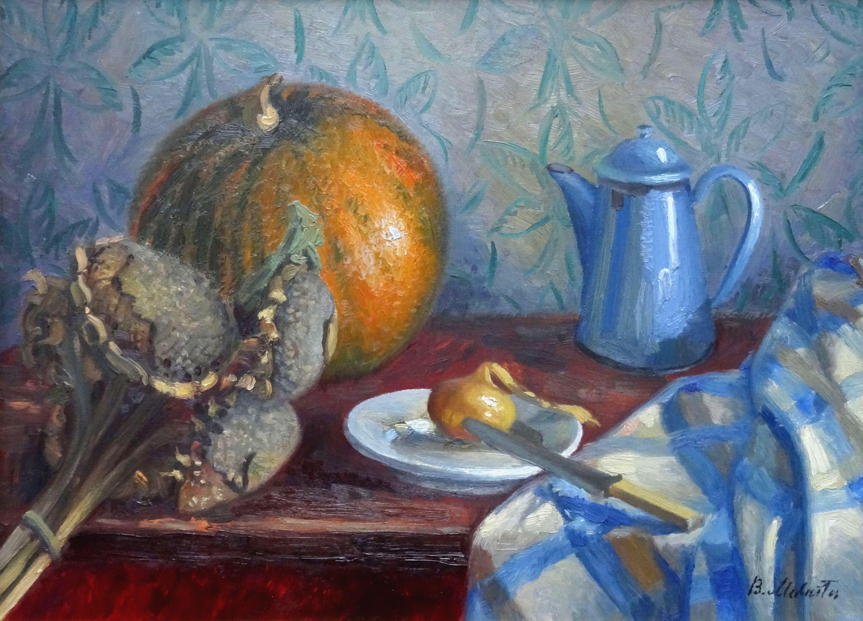 Bernards Mednitis  Still-Life Painting - Still life with blue coffee pot. 1978. Oil on cardboard, 45.5x61.5 cm