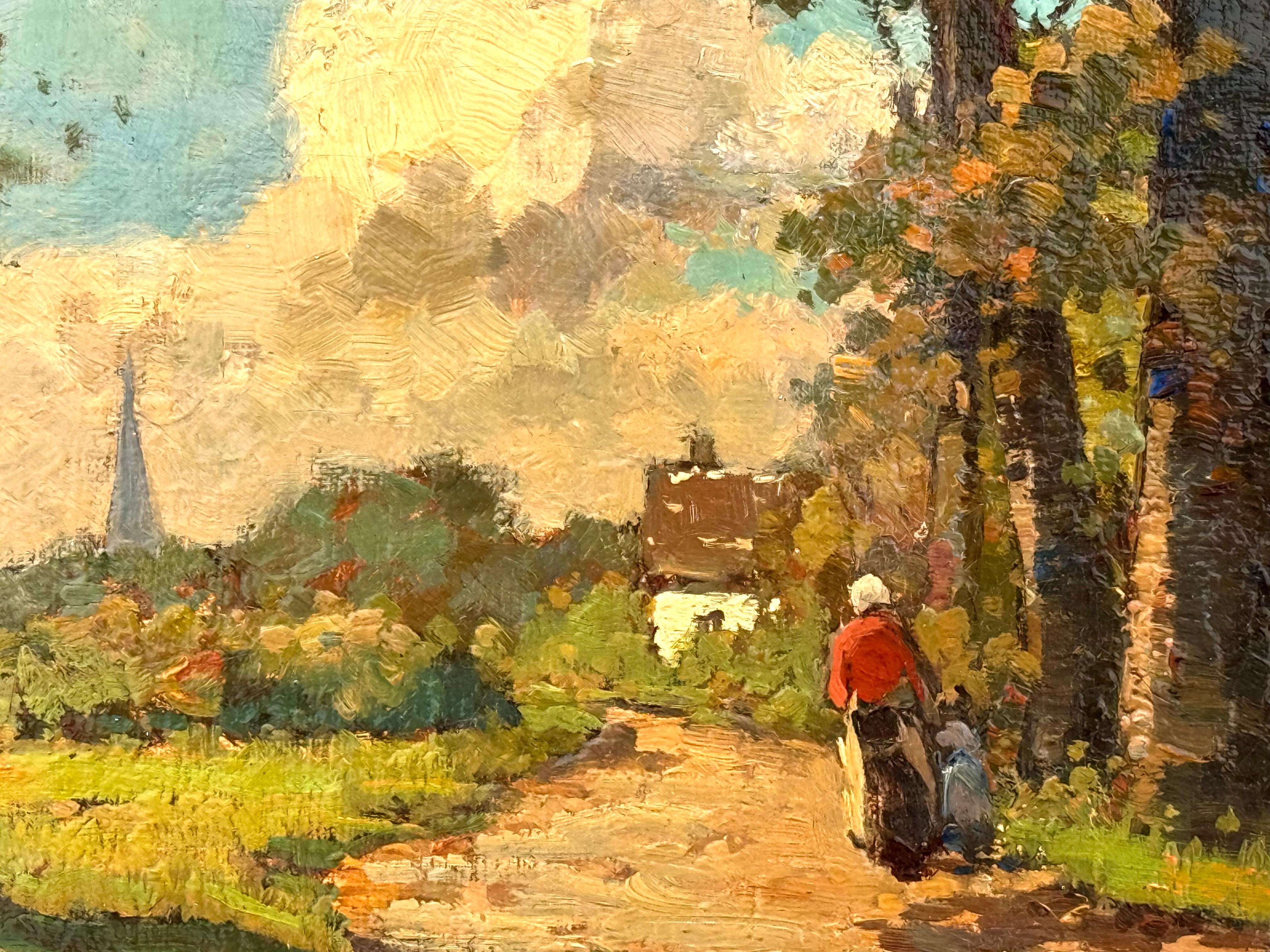 “Mother and Child on a Country Path” - Brown Landscape Painting by Bernardus (Ben) Viegers