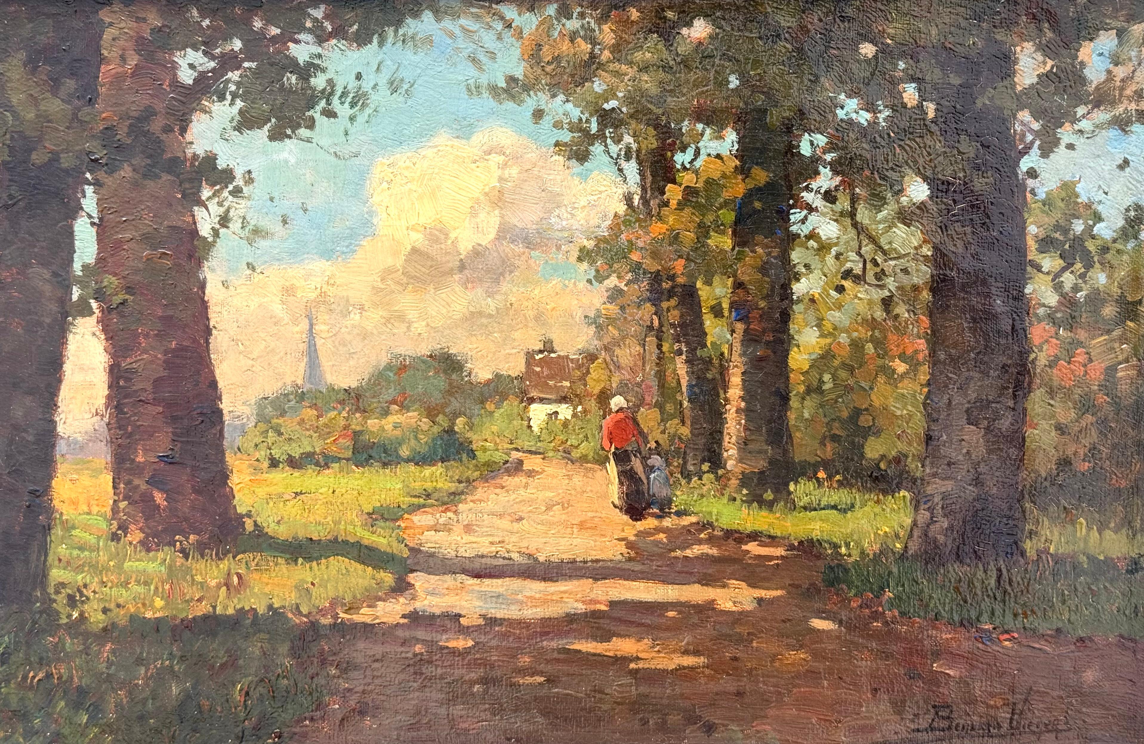Original oil on canvas painting of bucolic landscape with a mother and her child walking on a country path.  Signed lower right by the artist “Bernard Viegers”. Great use of light and shadows. Condition is good. Circa 1920.  The painting is housed