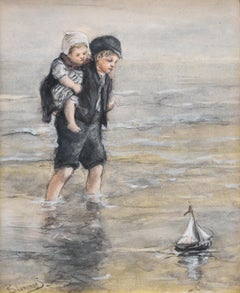 The young sailors - Bernardus Blommers- Around 1880 - Dutch - Sea - Boat - child