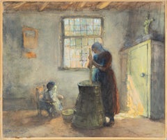 Hague School Dutch Genre Painting, Woman Churning Butter, by Bernard Blommers