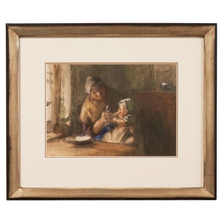 Bernardus Johannes (Bernard) Blommers 'Femme avec Childs' Aquarelle 19ème siècle