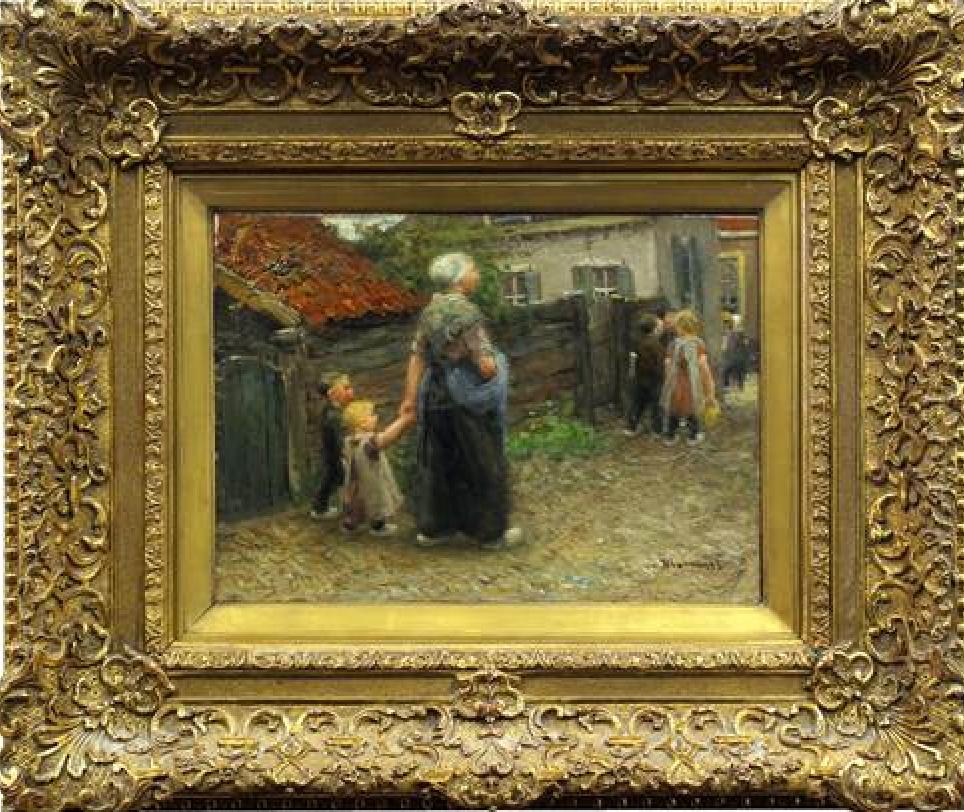 Un paseo por la ciudad, Pintura al óleo, Escuelas Romántica Holandesa y de La Haya, imagen encantadora - Painting Romántico de Bernardus Johannes (Bernard) Blommers 